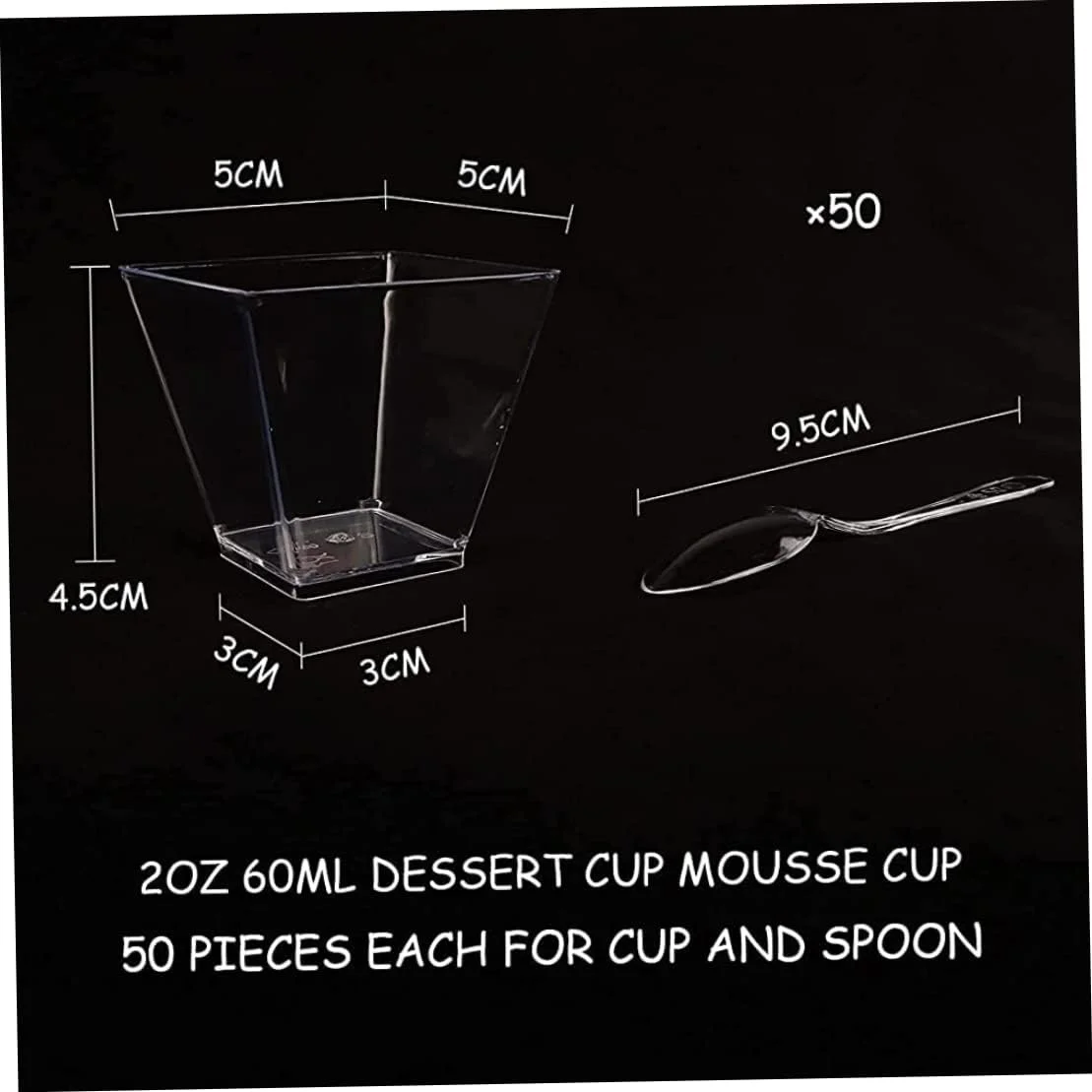 ظروف دسر، بسته 50 عددی ظروف دسر به همراه 50 قاشق، ست کاسه دسر 60 میلی لیتری، ظروف دسر پلاستیکی DIY، ظروف ذوزنقه ای قابل استفاده مجدد برای خانه، دسر، پیک نیک، مهمانی