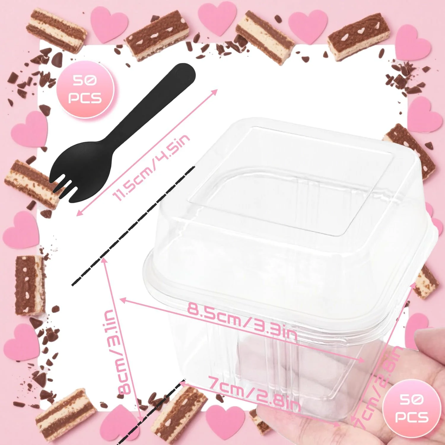 50 عدد فنجان دسر با درب، کاسه های دسر پلاستیکی قابل استفاده مجدد 240 میلی لیتری، کاسه های سرو شفاف، ظروف مربعی شکل برای کیک پنیر، پودینگ، تنقلات، ماست، پارفه، میوه، موس، مهمانی و تولد