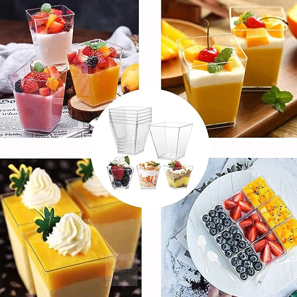ظروف دسر، بسته 50 عددی ظروف دسر به همراه 50 قاشق، ست کاسه دسر 60 میلی لیتری، ظروف دسر پلاستیکی DIY، ظروف ذوزنقه ای قابل استفاده مجدد برای خانه، دسر، پیک نیک، مهمانی
