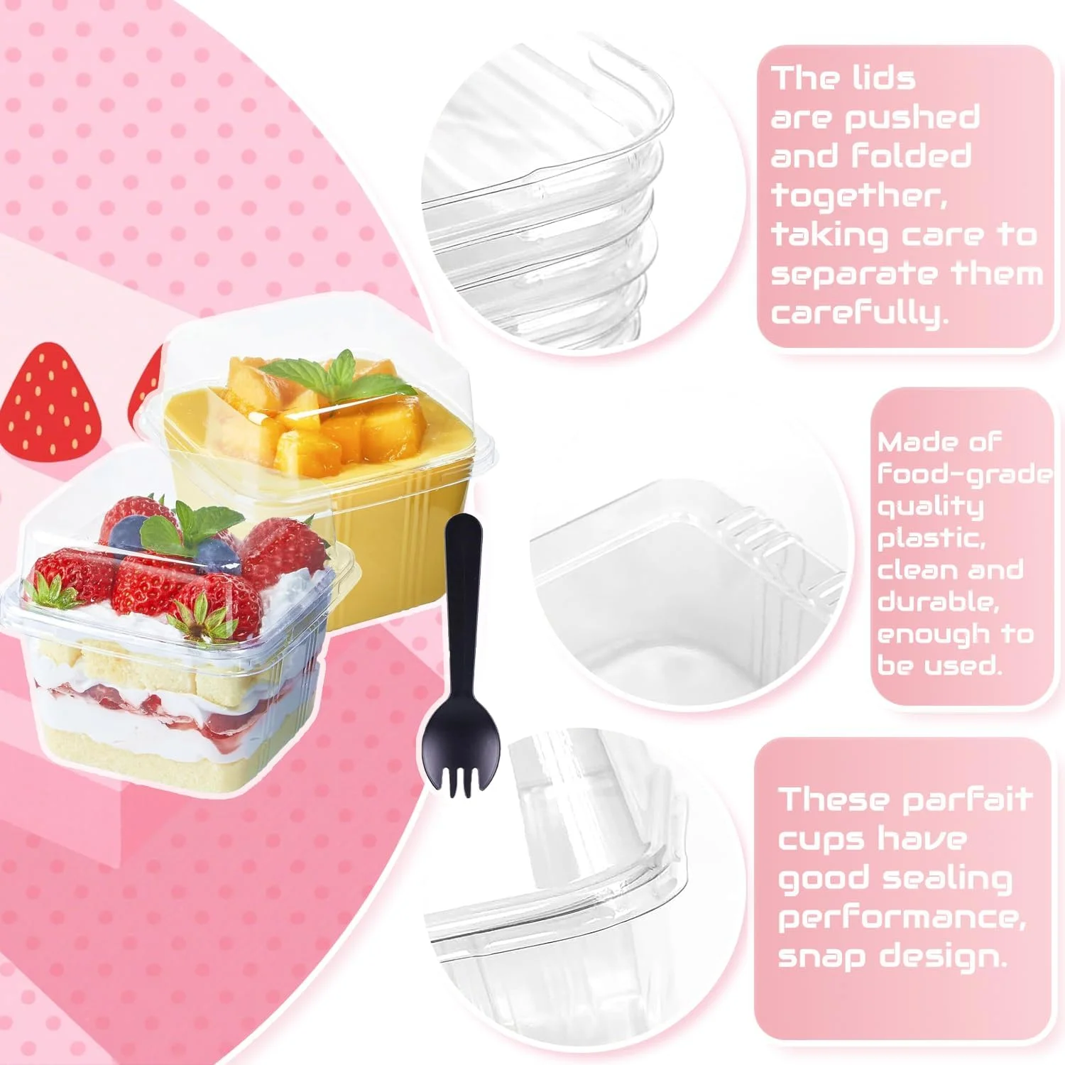 50 عدد فنجان دسر با درب، کاسه های دسر پلاستیکی قابل استفاده مجدد 240 میلی لیتری، کاسه های سرو شفاف، ظروف مربعی شکل برای کیک پنیر، پودینگ، تنقلات، ماست، پارفه، میوه، موس، مهمانی و تولد