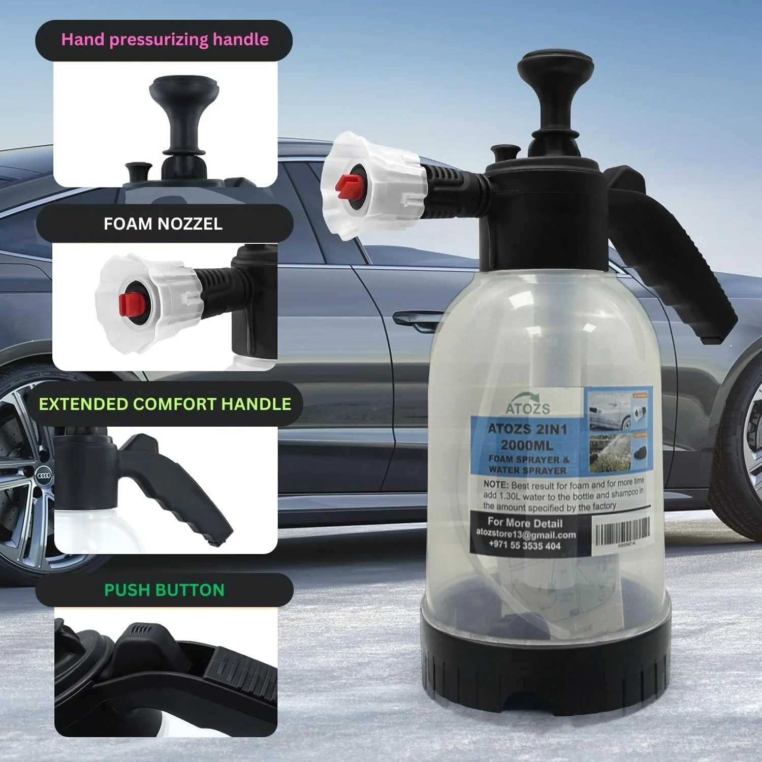 اسپری فوم برف آتوزد، اسپری صابون دستی سنگین، بطری اسپری فوم تحت فشار، سمپاش باغی، بطری اسپری فوم کارواش، بطری آبپاش باغی، فوم ساز غلیظ خودرو، 2 لیتر