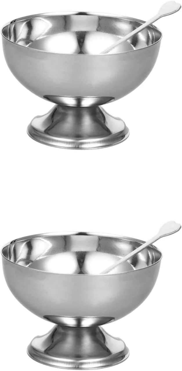 DOITOOL 2 عدد کاسه بستنی استیل ضد زنگ، فنجان های بستنی فلزی کاسه های سالاد قابل استفاده مجدد کاسه های دسر فنجان های میوه پایه دار گرد برای دسر بستنی میوه ای پودینگ، 9.2X9.2X6CM