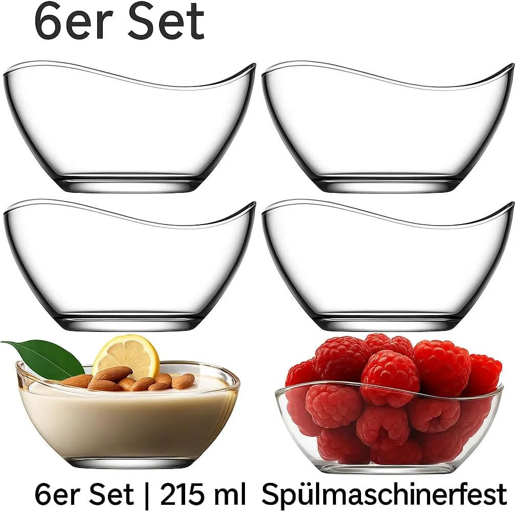 ست 6 تایی کاسه دسر شیشه ای DMA-Z - 215 میلی لیتر بدون سرب - ایده آل برای پودینگ و غیره