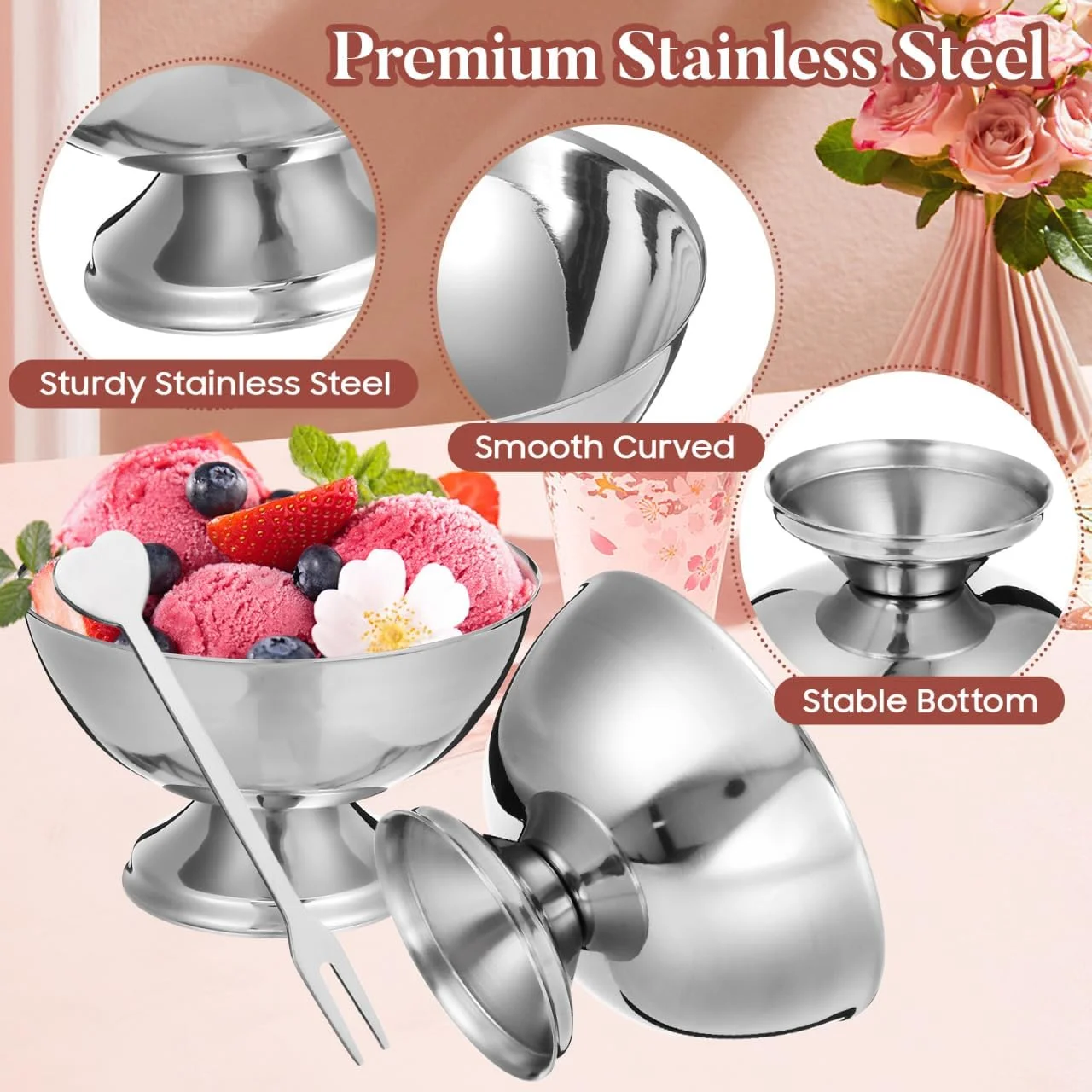 DOITOOL 3 عدد کاسه بستنی استیل ضد زنگ، فنجان های بستنی فلزی کاسه های سالاد قابل استفاده مجدد کاسه های دسر فنجان های میوه پایه دار گرد برای دسر بستنی میوه ای پودینگ، 10X10X6.5CM DOITOOL 3 عدد کاسه بستنی استیل ضد زنگ، فنجان های بستنی فلزی کاسه های سالاد قابل استفاده مجدد کاسه های دسر فنجان های میوه پایه دار گرد برای دسر بستنی میوه ای پودینگ، 10X10X6.5CM