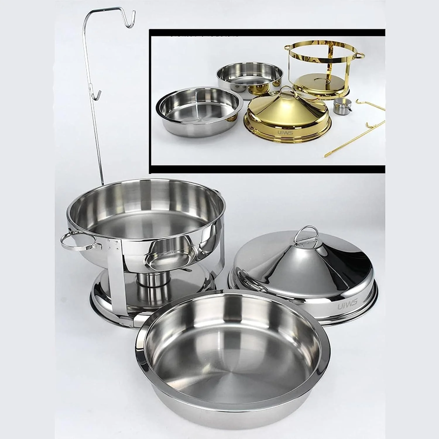 ظرف گرم نگهدارنده غذا استیل گرد 9 لیتری DLUXCA، گرمکن بوفه سایز کامل با ظرف غذا، جای سوخت و درب برای پذیرایی مهمانی ظرف گرم نگهدارنده غذا استیل گرد 9 لیتری DLUXCA، گرمکن بوفه سایز کامل با ظرف غذا، جای سوخت و درب برای پذیرایی مهمانی