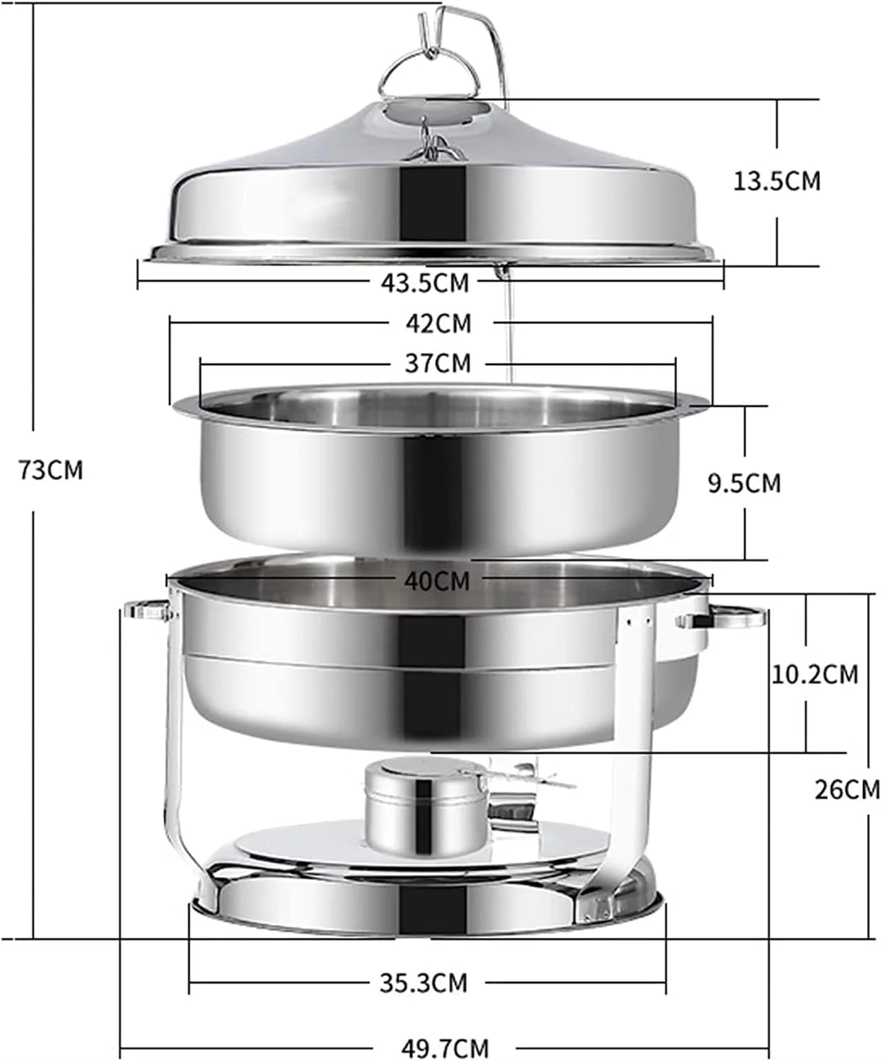 ظرف گرم نگهدارنده غذا استیل گرد 9 لیتری DLUXCA، گرمکن بوفه سایز کامل با ظرف غذا، جای سوخت و درب برای پذیرایی مهمانی ظرف گرم نگهدارنده غذا استیل گرد 9 لیتری DLUXCA، گرمکن بوفه سایز کامل با ظرف غذا، جای سوخت و درب برای پذیرایی مهمانی