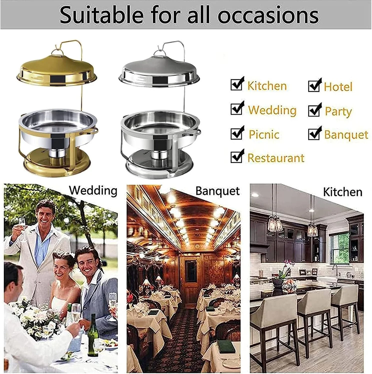 ظرف گرم نگهدارنده غذا استیل گرد 9 لیتری DLUXCA، گرمکن بوفه سایز کامل با ظرف غذا، جای سوخت و درب برای پذیرایی مهمانی ظرف گرم نگهدارنده غذا استیل گرد 9 لیتری DLUXCA، گرمکن بوفه سایز کامل با ظرف غذا، جای سوخت و درب برای پذیرایی مهمانی