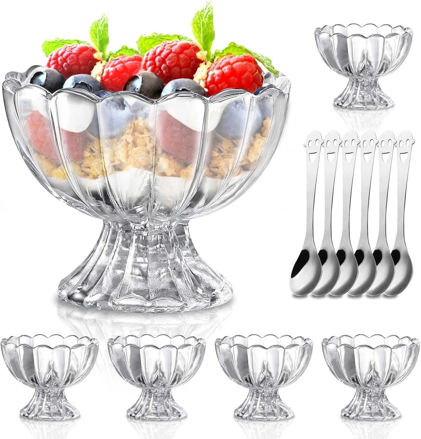 ظروف دسر شیشه ای با قاشق، فنجان های دسر پایه دار 150 میلی لیتری، فنجان های بستنی شیشه ای برای دسر، بستنی، سالاد، کوکتل، چاشنی و ترایفل، ست 6 عددی ظروف دسر شیشه ای با قاشق، فنجان های دسر پایه دار 150 میلی لیتری، فنجان های بستنی شیشه ای برای دسر، بستنی، سالاد، کوکتل، چاشنی و ترایفل، ست 6 عددی