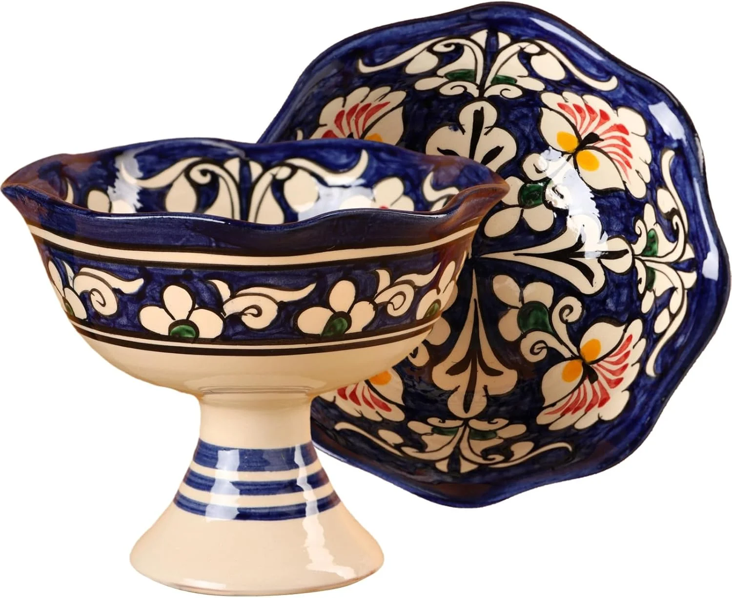 ست 2 عدد کاسه سرامیکی آبنباتی با طرح گلدار، نقاشی شده با دست، 14 سانتی متر، سرامیک ریشتان، مناسب برای چیدمان میز و ایده آل برای کاسه دسر