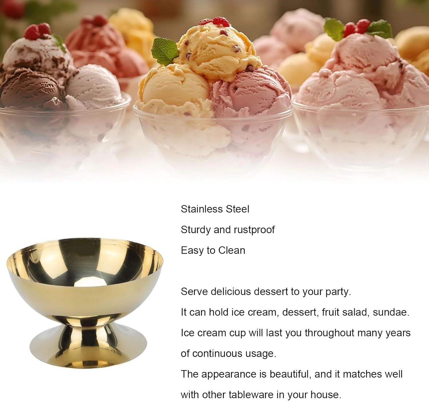 کاسه دسر پایه دار Fdit، جام بستنی استیل، با روکش طلایی برای ماست، سالاد، پودینگ، ایده آل برای دکوراسیون مهمانی خانگی (کوتاه)