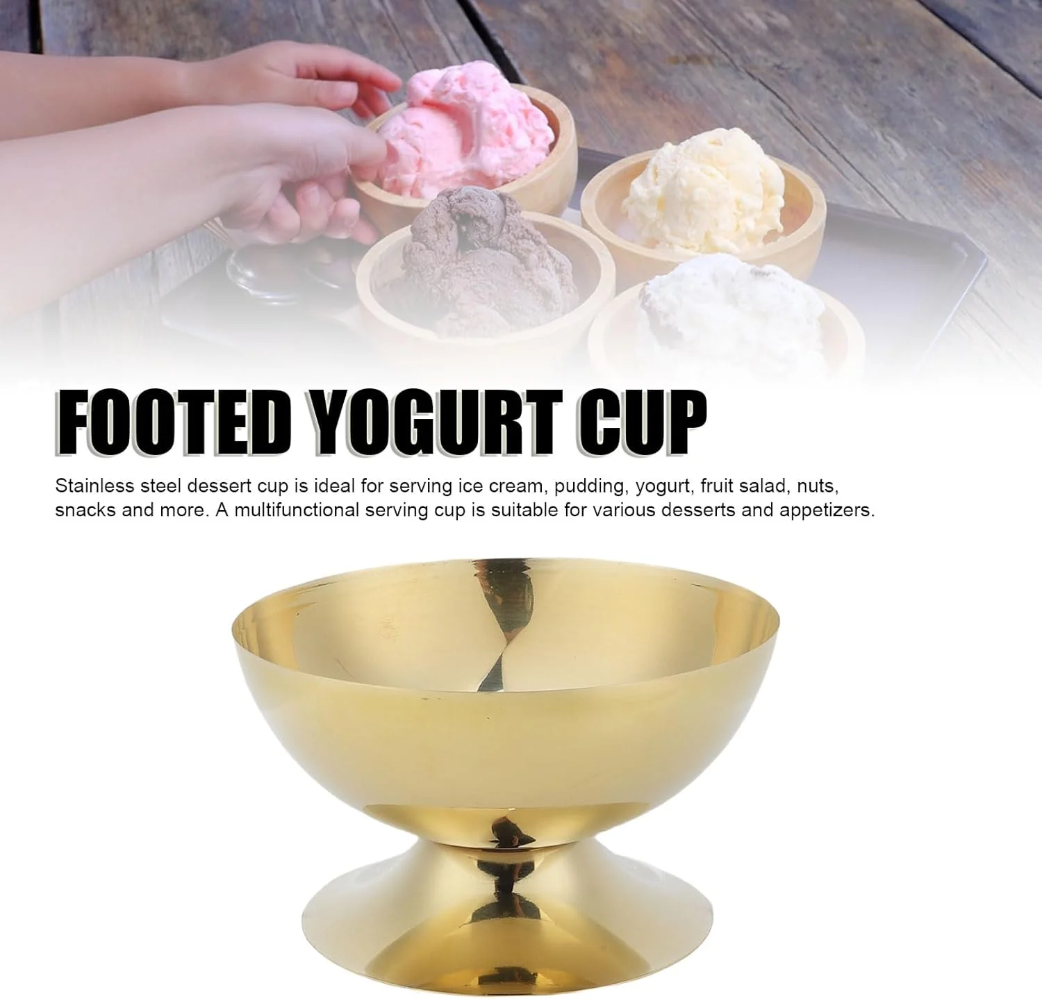 کاسه دسر پایه دار Fdit، جام بستنی استیل، با روکش طلایی برای ماست، سالاد، پودینگ، ایده آل برای دکوراسیون مهمانی خانگی (کوتاه)