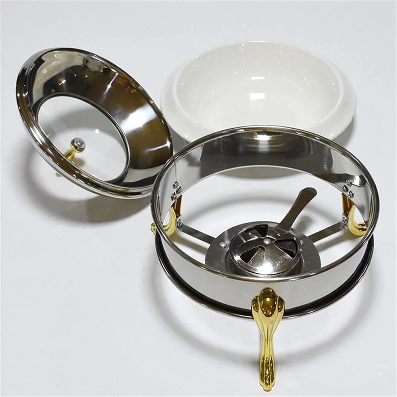 گرم نگهدارنده غذای گرد برای پذیرایی، ظرف گرم کننده بوفه، ظرف پذیرایی با اجاق الکلی و حمام آب مناسب آشپزخانه، مهمانی، غذاخوری، عروسی و مراسم - سفید طلایی استیل، سرامیک - 24، سرامیک 26 سانتی متر گرم نگهدارنده غذای گرد برای پذیرایی، ظرف گرم کننده بوفه، ظرف پذیرایی با اجاق الکلی و حمام آب مناسب آشپزخانه، مهمانی، غذاخوری، عروسی و مراسم - سفید طلایی استیل، سرامیک - 24، سرامیک 26 سانتی متر