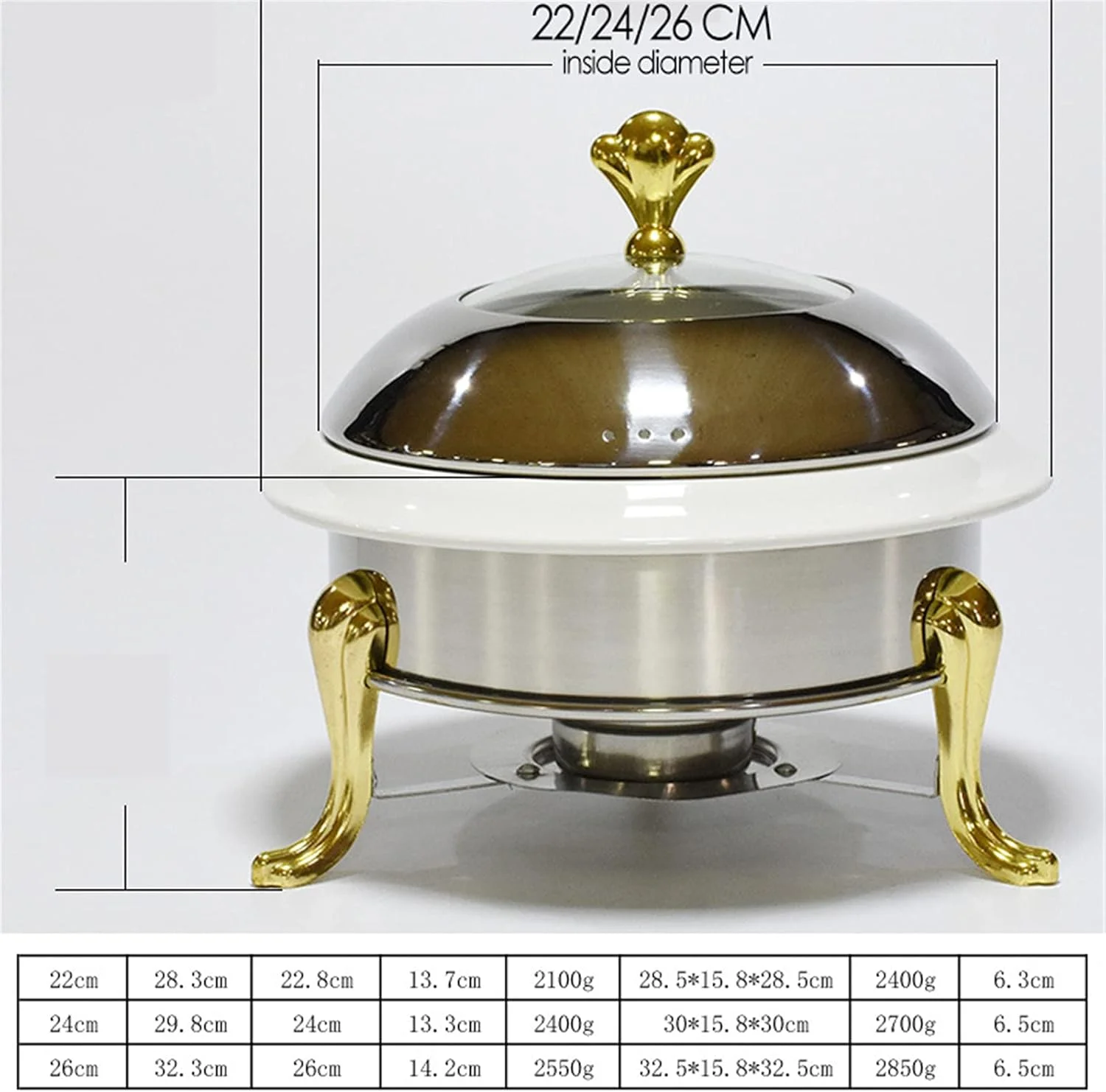 گرمکن غذا گرد پذیرایی، ظرف گرم نگهدارنده غذا، ظرف بوفه، ظرف پذیرایی، اجاق شراب، حمام آب مناسب آشپزخانه، مهمانی، غذاخوری، عروسی، مهمانی ها و رویدادها - سفید طلایی استیل، سرامیک - 24، سرامیک 22 سانتی متر