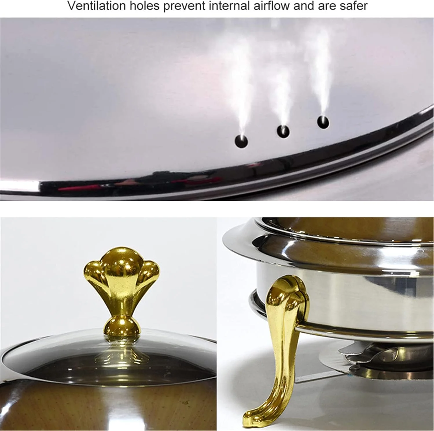 گرمکن غذا گرد پذیرایی، ظرف گرم نگهدارنده غذا، ظرف بوفه، ظرف پذیرایی، اجاق شراب، حمام آب مناسب آشپزخانه، مهمانی، غذاخوری، عروسی، مهمانی ها و رویدادها - سفید طلایی استیل، سرامیک - 24، سرامیک 22 سانتی متر