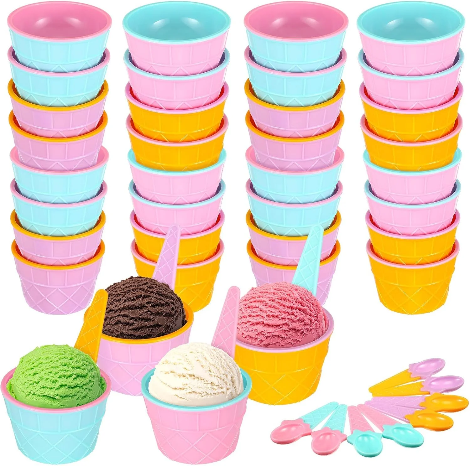 کاسه و قاشق بستنی پلاستیکی رنگارنگ قابل استفاده مجدد ELECDON - ایده آل برای مهمانی های تابستانی، هدیه بستنی و لوازم دسر برای ماست و پودینگ