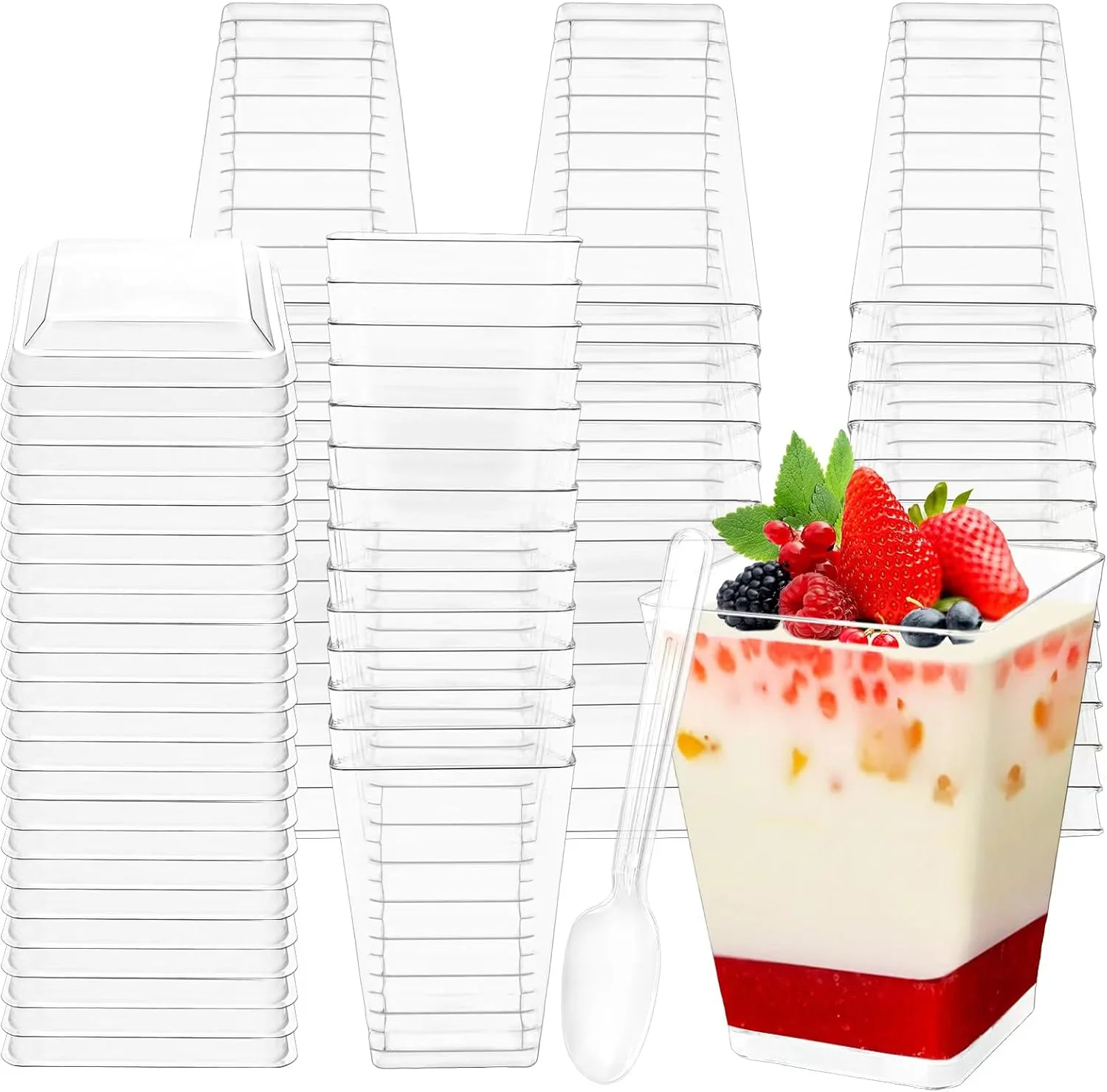 مجموعه 50 عددی لیوان دسر EOGRFW همراه با درب و قاشق، لیوان دسر مینی 150 میلی لیتری، مجموعه کاسه دسر قابل استفاده مجدد، لیوان دسر مربعی برای دسر DIY، پودینگ، موس، بستنی، پیک نیک، عروسی