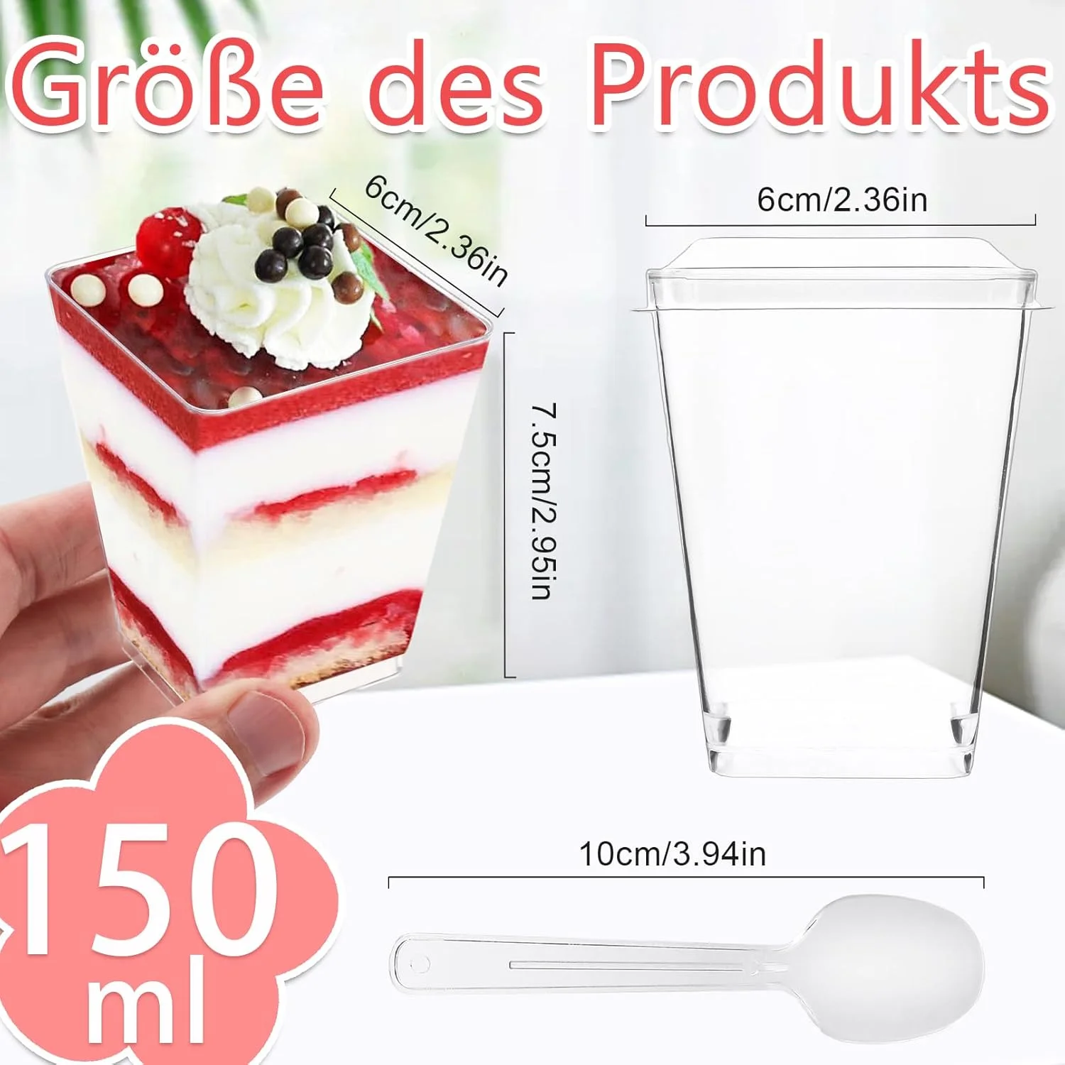 مجموعه 50 عددی لیوان دسر EOGRFW همراه با درب و قاشق، لیوان دسر مینی 150 میلی لیتری، مجموعه کاسه دسر قابل استفاده مجدد، لیوان دسر مربعی برای دسر DIY، پودینگ، موس، بستنی، پیک نیک، عروسی