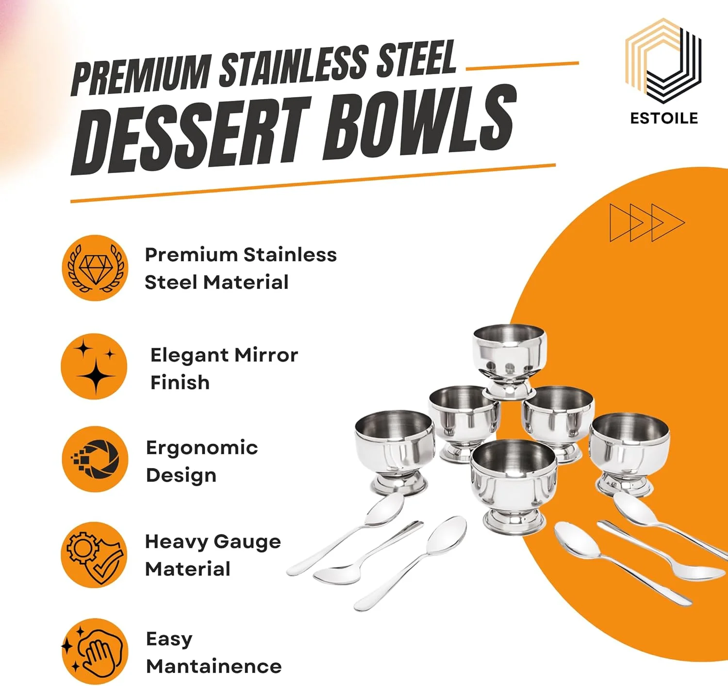 کاسه دسر استیل Estoile همراه با قاشق - طراحی شیک، مناسب برای بستنی، دسر و غیره (بسته 6 عددی)
