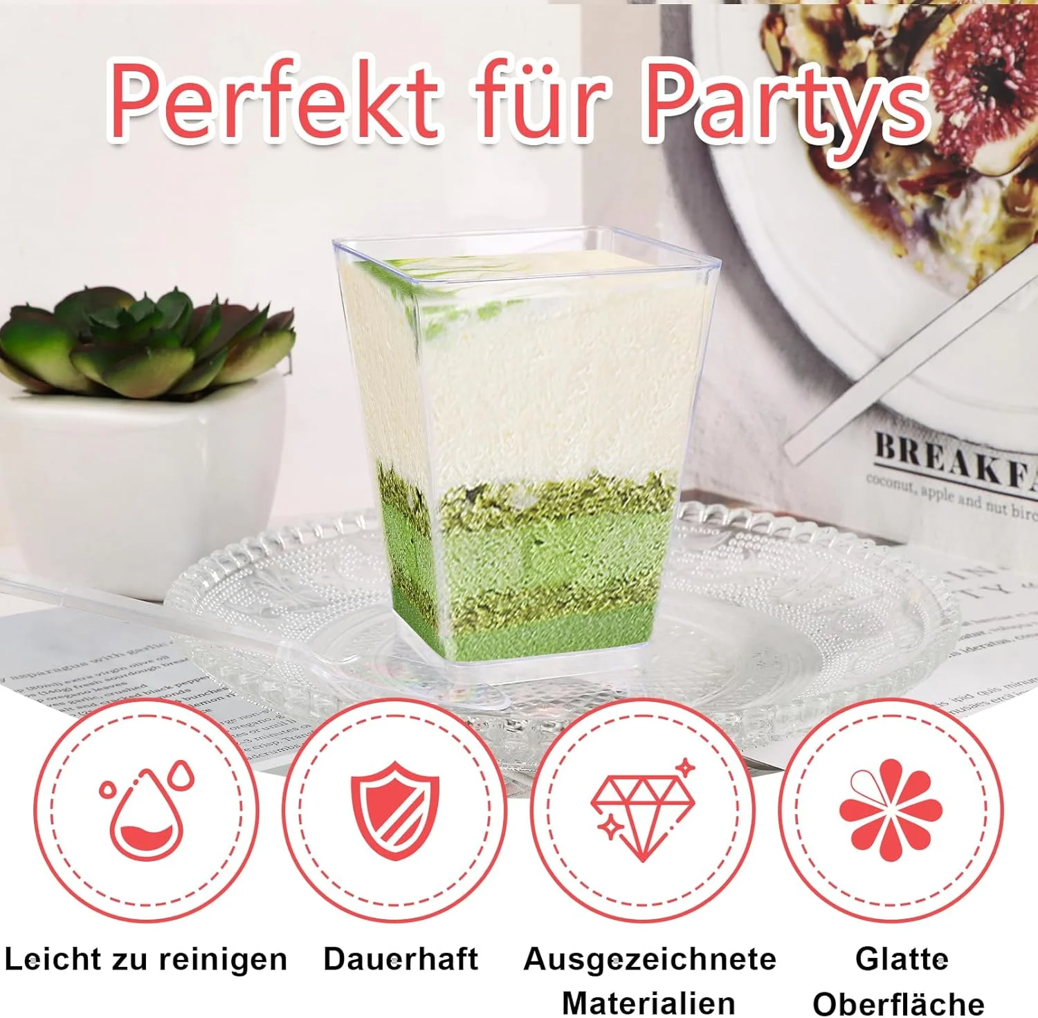 مجموعه 50 عددی لیوان دسر EOGRFW همراه با درب و قاشق، لیوان دسر مینی 150 میلی لیتری، مجموعه کاسه دسر قابل استفاده مجدد، لیوان دسر مربعی برای دسر DIY، پودینگ، موس، بستنی، پیک نیک، عروسی