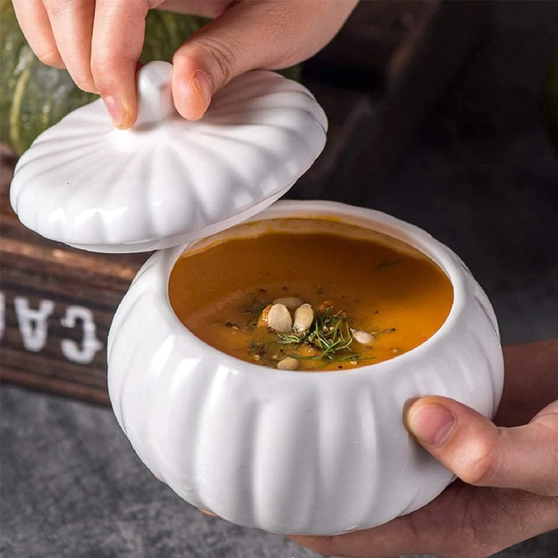 کاسه کدو تنبل بامزه Eplze، کاسه سوپ سرامیکی، کاسه دسر چینی مقاوم با درب - سفید