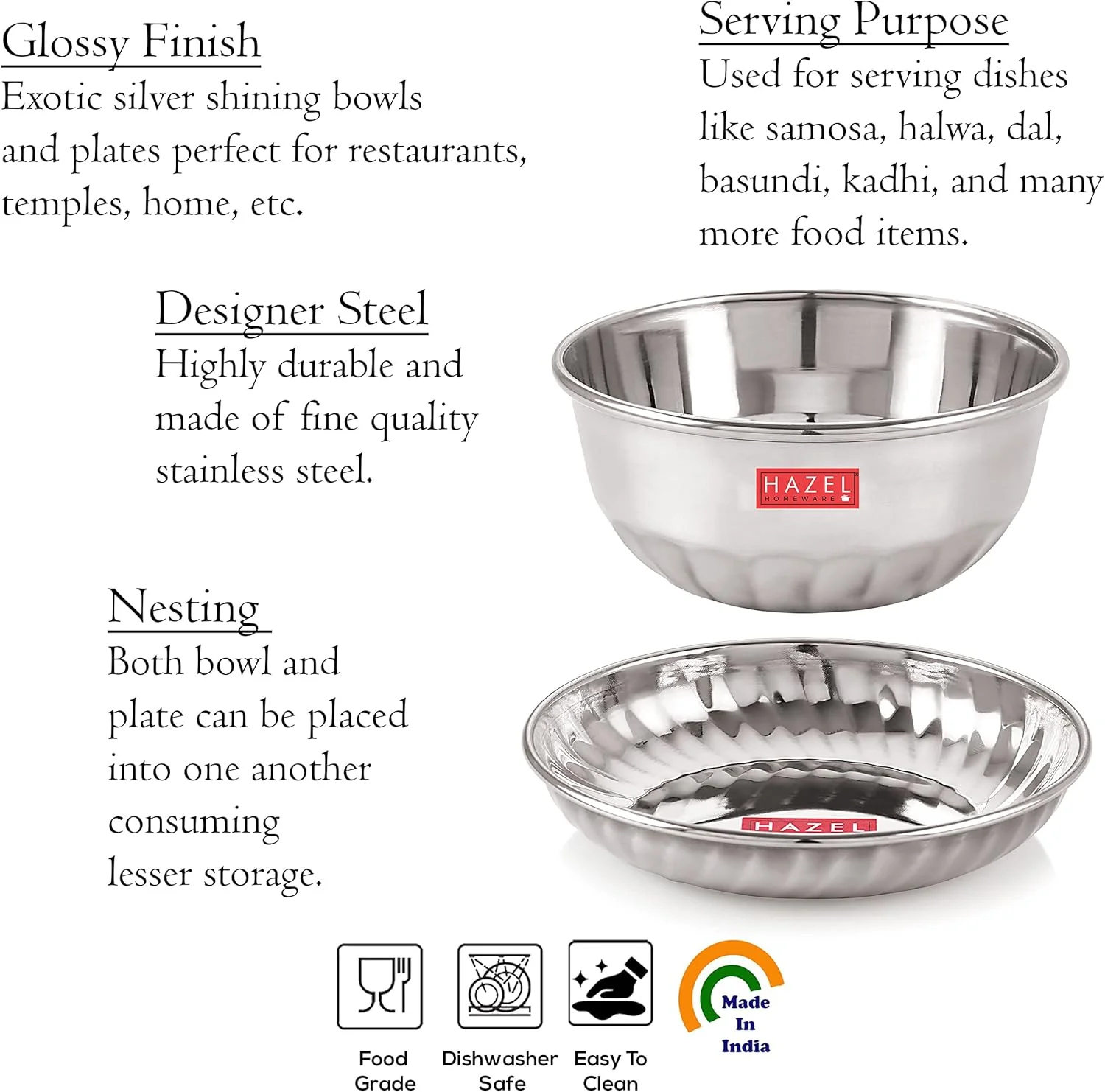 کاسه دسر HAZEL (استیل ضد زنگ (بشقاب و کاسه)، ست 6 عددی (3 عدد کاسه: 220 میلی لیتر، 3 عدد بشقاب: 200 میلی لیتر))