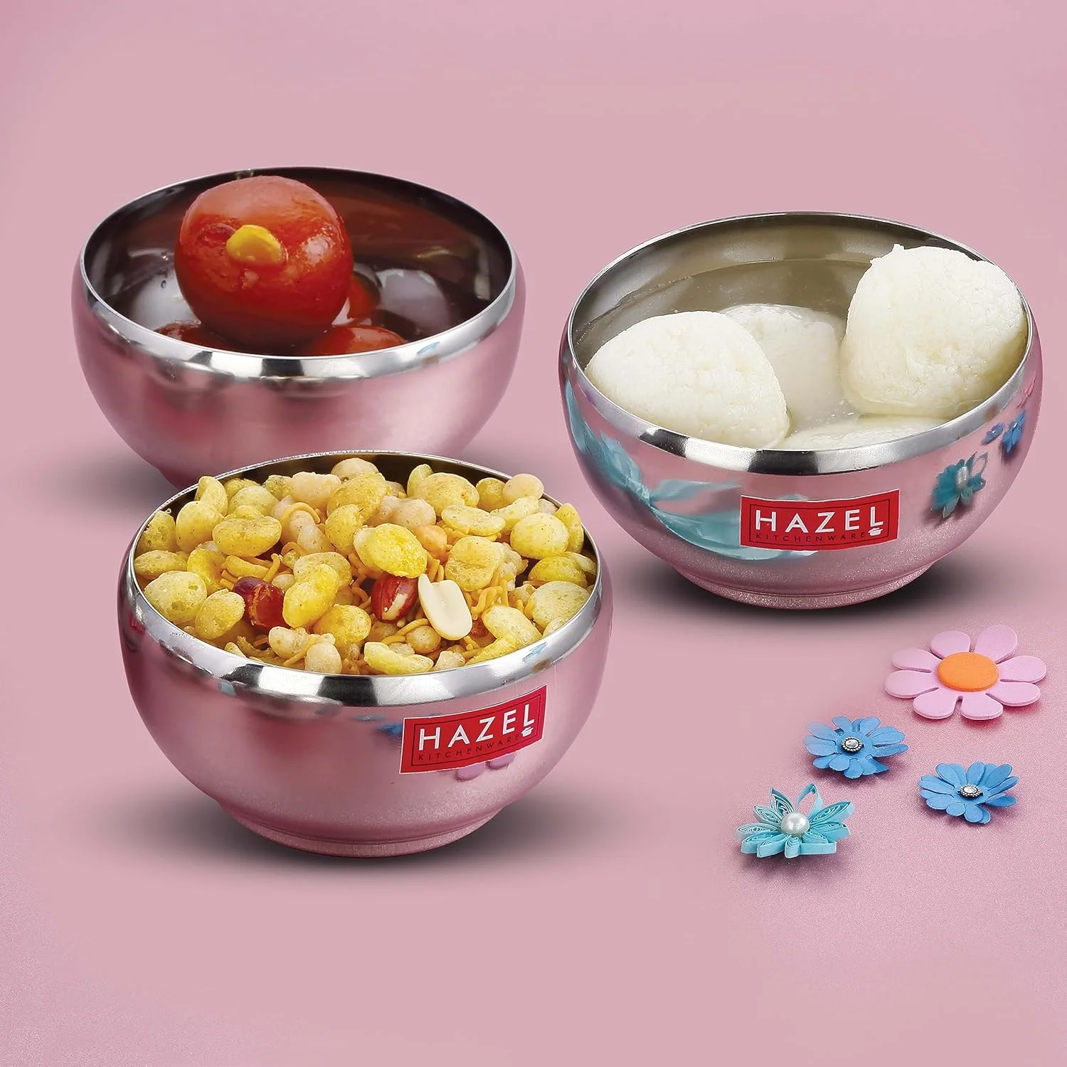 ست کاسه سرو 3 عددی HAZEL | کاسه استیل برای دسر، غلات، اسموتی | ست کاتوری استیل 3 عددی | 150 میلی لیتر، نقره ای