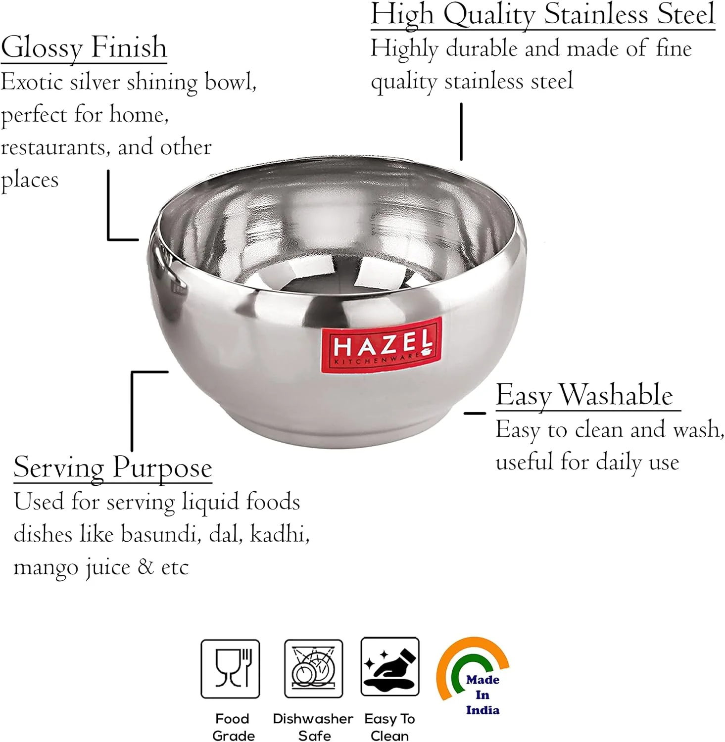 ست کاسه سرو 3 عددی HAZEL | کاسه استیل برای دسر، غلات، اسموتی | ست کاتوری استیل 3 عددی | 150 میلی لیتر، نقره ای