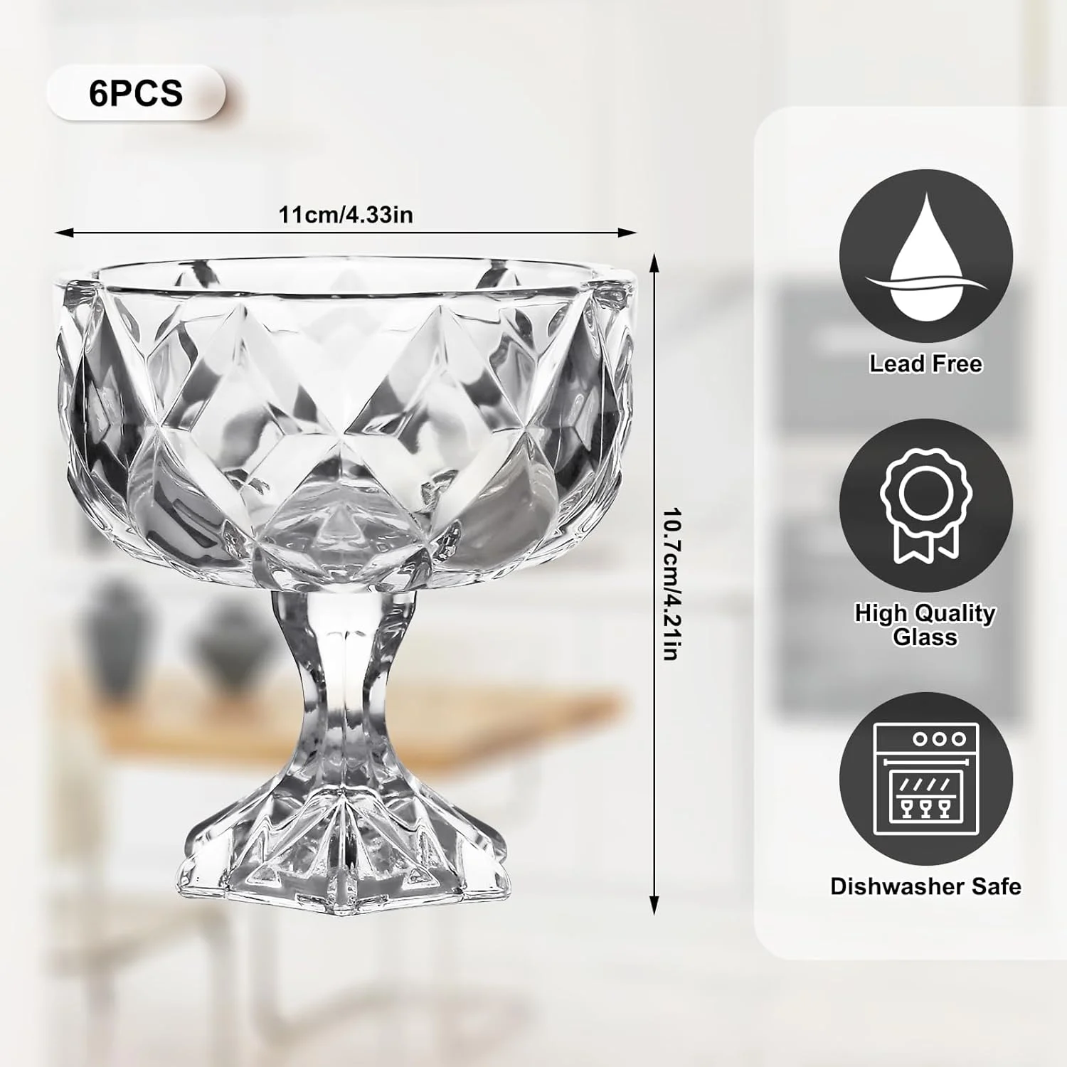ست 6 تایی کاسه دسر شیشه ای Hioph - لیوان های کوکتل میگو، لیوان های سرو پیش غذا پایه دار، کاسه ترایفل، لیوان دسر بستنی خوری برای بستنی، میوه، پودینگ، تنقلات کوچک، چاشنی (300 میلی لیتر)