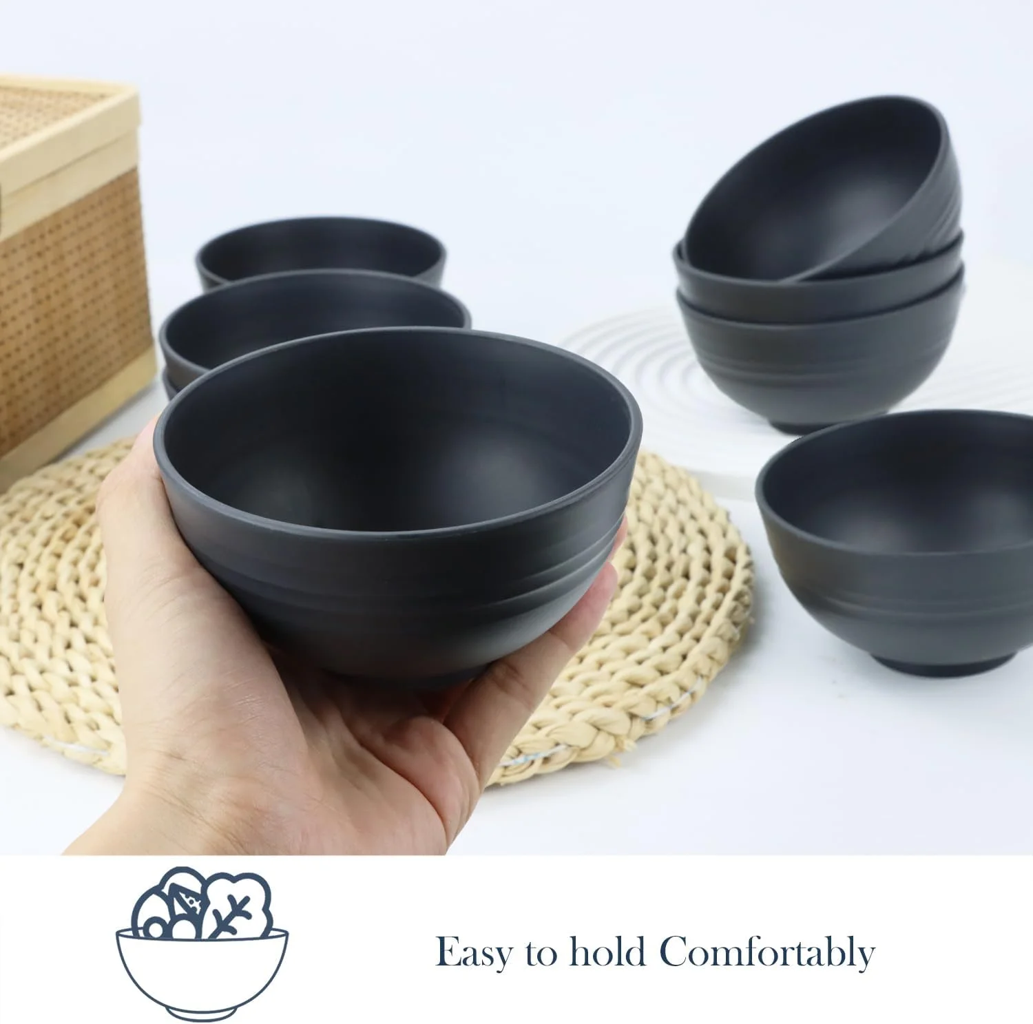 کاسه غلات هومینلی، 8 عدد کاسه دسر، کاسه تنقلات ساخته شده از فیبر کاه گندم، نشکن و سبک (مشکی، 10 اونس)