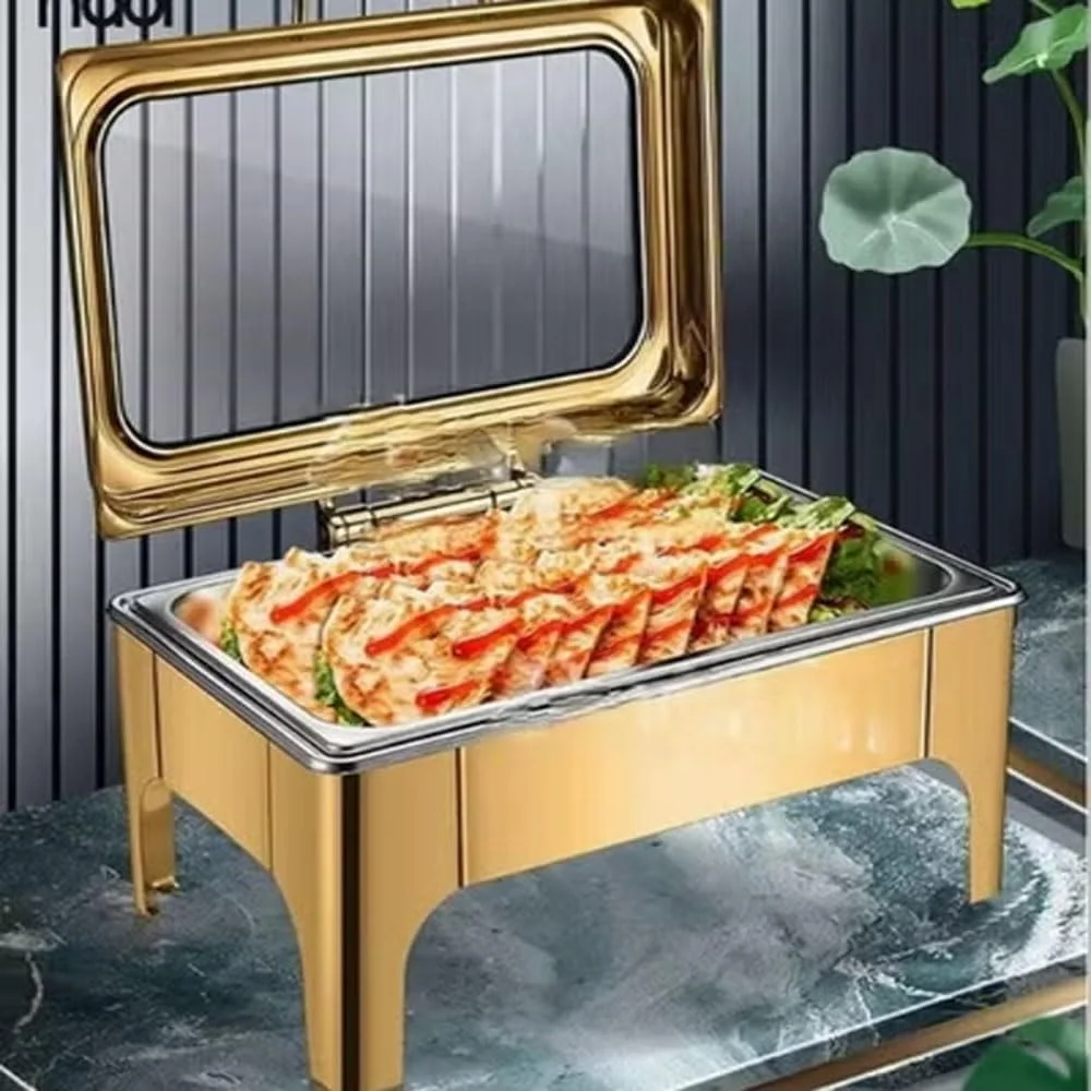 گرمکن غذا استیل ضد زنگ HTH با فریم تاشو، شامل ظرف گرمکن با درب، ظرف آب و ظرف غذا - مناسب بوفه، پذیرایی، عروسی، مراسم و مهمانی ها
