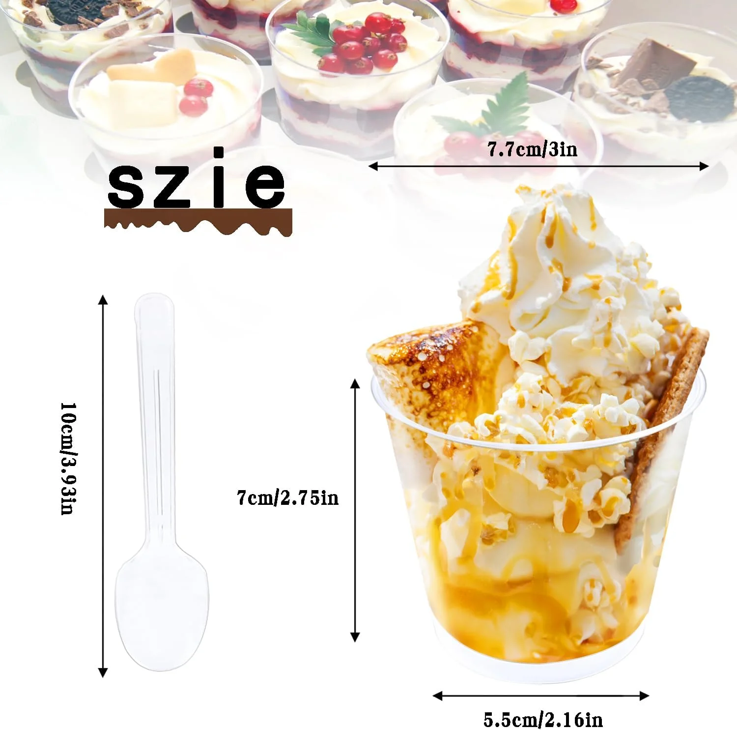 ظروف دسر پلاستیکی Huiyoulan، بسته 50 عددی فنجان دسر با قاشق، کاسه دسر 200 میلی لیتری، پلاستیکی، ظروف دسر قابل استفاده مجدد، برای موس، پودینگ، بستنی، مهمانی دسر، عروسی