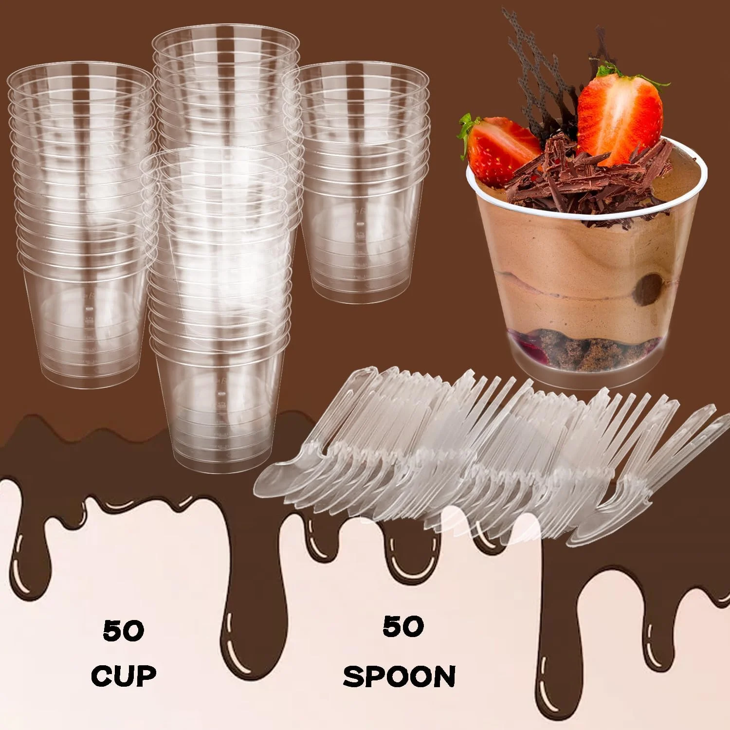 ظروف دسر پلاستیکی Huiyoulan، بسته 50 عددی فنجان دسر با قاشق، کاسه دسر 200 میلی لیتری، پلاستیکی، ظروف دسر قابل استفاده مجدد، برای موس، پودینگ، بستنی، مهمانی دسر، عروسی