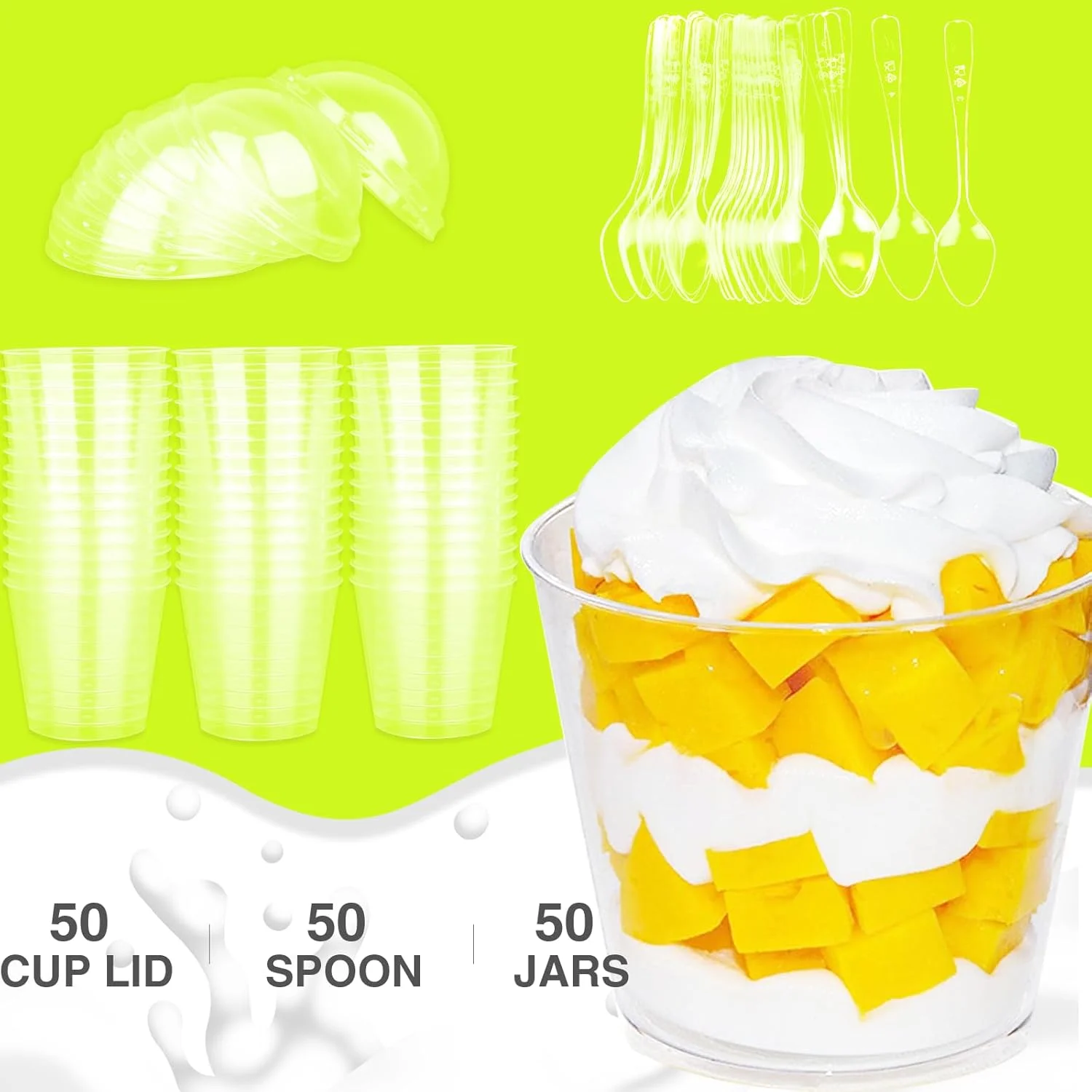 هوانمین بسته 50 عددی فنجان دسر گرد، لیوان دسر پلاستیکی 180 میلی لیتری، ست کاسه دسر با درب و قاشق، فنجان دسر پلاستیکی قابل استفاده مجدد، فنجان دسر مینی برای دسرهای DIY، موس، پودینگ، بستنی