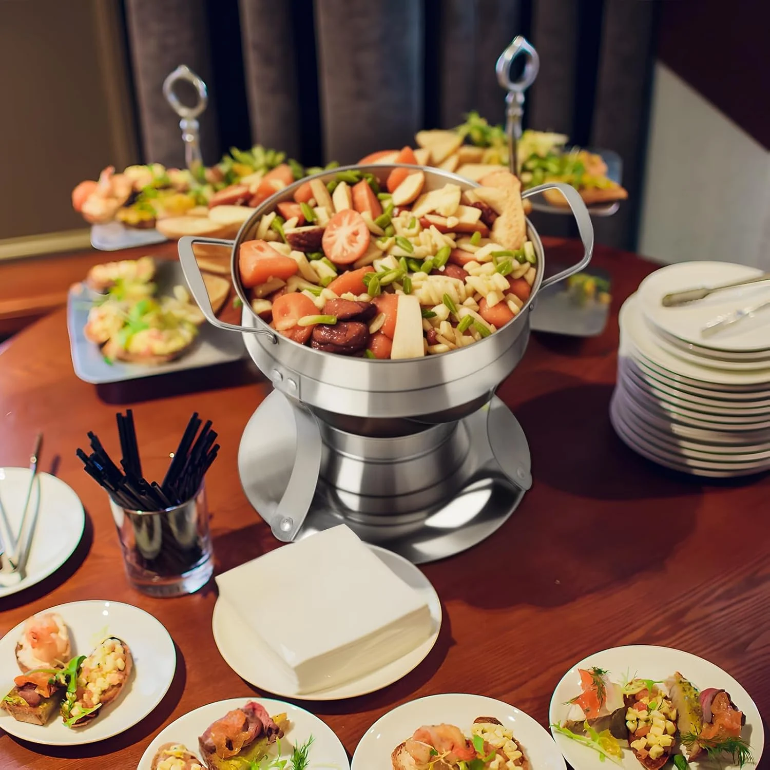 ست گرم نگهدارنده بوفه کارلووی، 6 عدد ظرف گرمکن گرد استیل ضد زنگ 1 کوارت برای پذیرایی، گرم کننده بوفه غذا با درب شفاف، اجاق گاز کوچک عایق حرارتی غذا با دسته، 1 ست