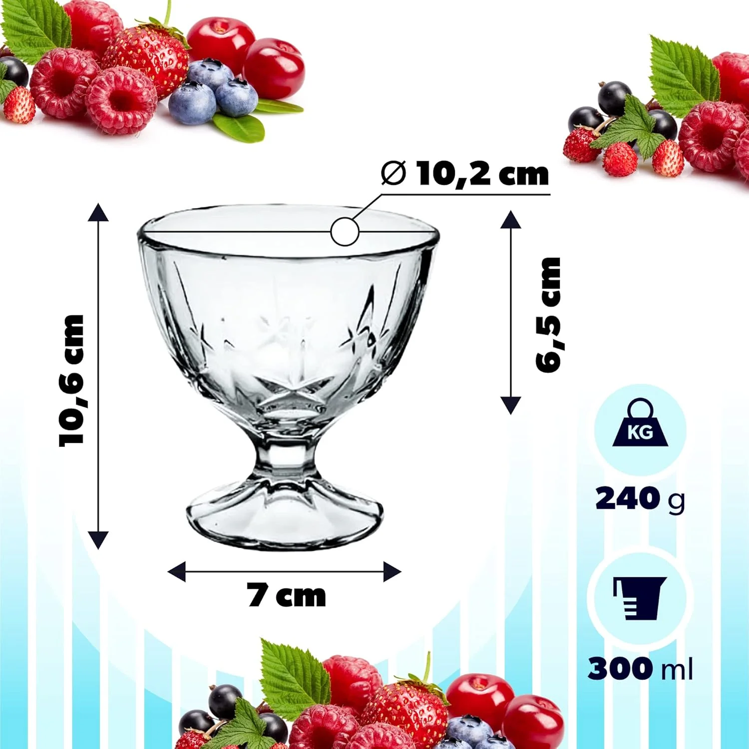 ست بستنی خوری KADAX، کاسه های شیشه ای، لیوان دسر پایه دار برای بستنی، کاسه دسر برای دسر، میوه، پیش غذا و کوکتل، لیوان بستنی (6 عدد x 300 میلی لیتر)