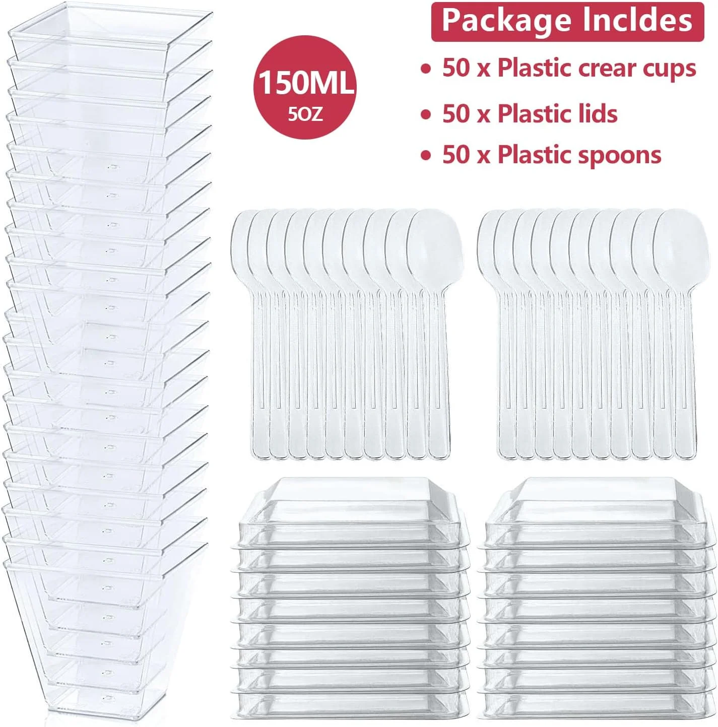 JRUKM 150 عدد فنجان دسر پلاستیکی به همراه قاشق، ست فنجان دسر مینی 5 اونس/150 میلی لیتر، کاسه دسر ذوزنقه ای قابل استفاده مجدد برای موس، پودینگ، بستنی، دسر، عروسی، جشن تولد