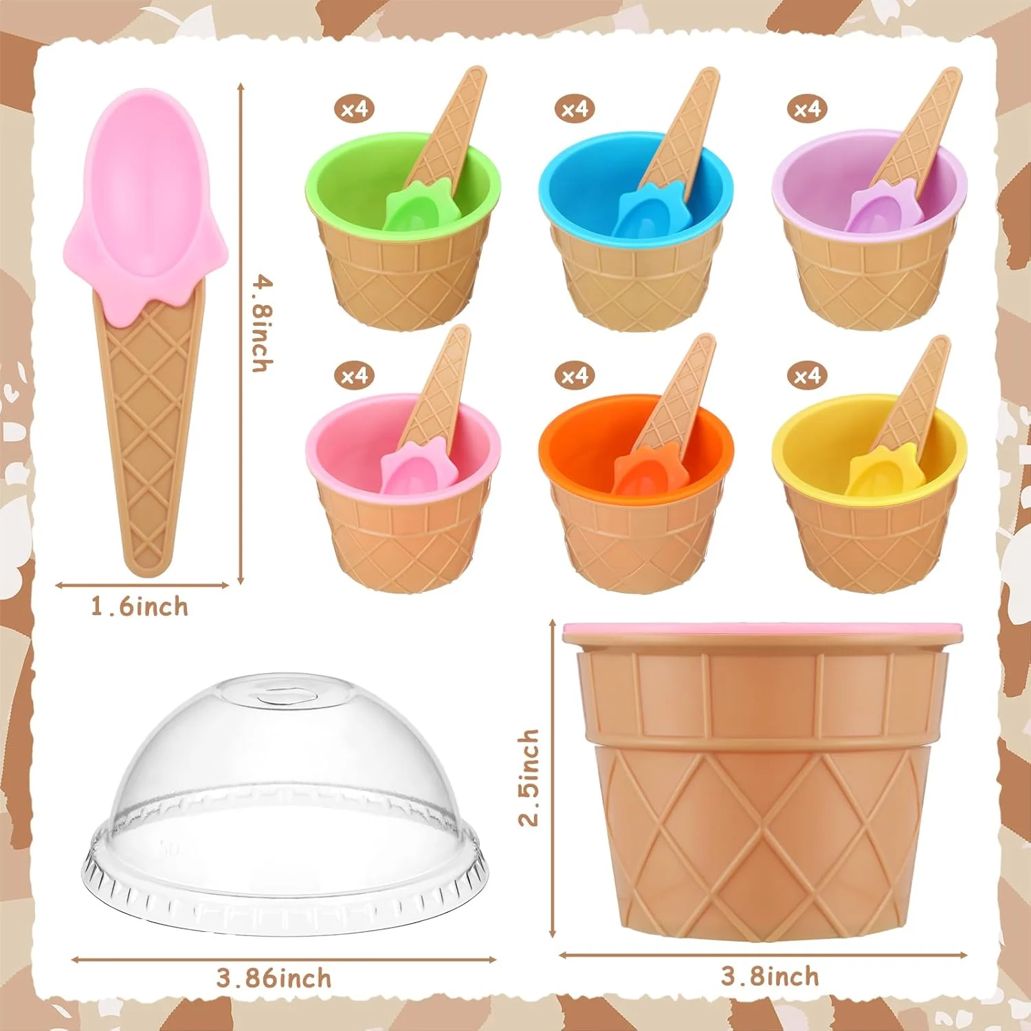 ست 24 عددی کاسه و قاشق پلاستیکی Jingmore، لیوان ها و درب های پلاستیکی قابل استفاده مجدد با طرح کارتونی و رنگ های آبنباتی، مناسب برای دسر و بستنی در مهمانی های تابستانی، 6 رنگ