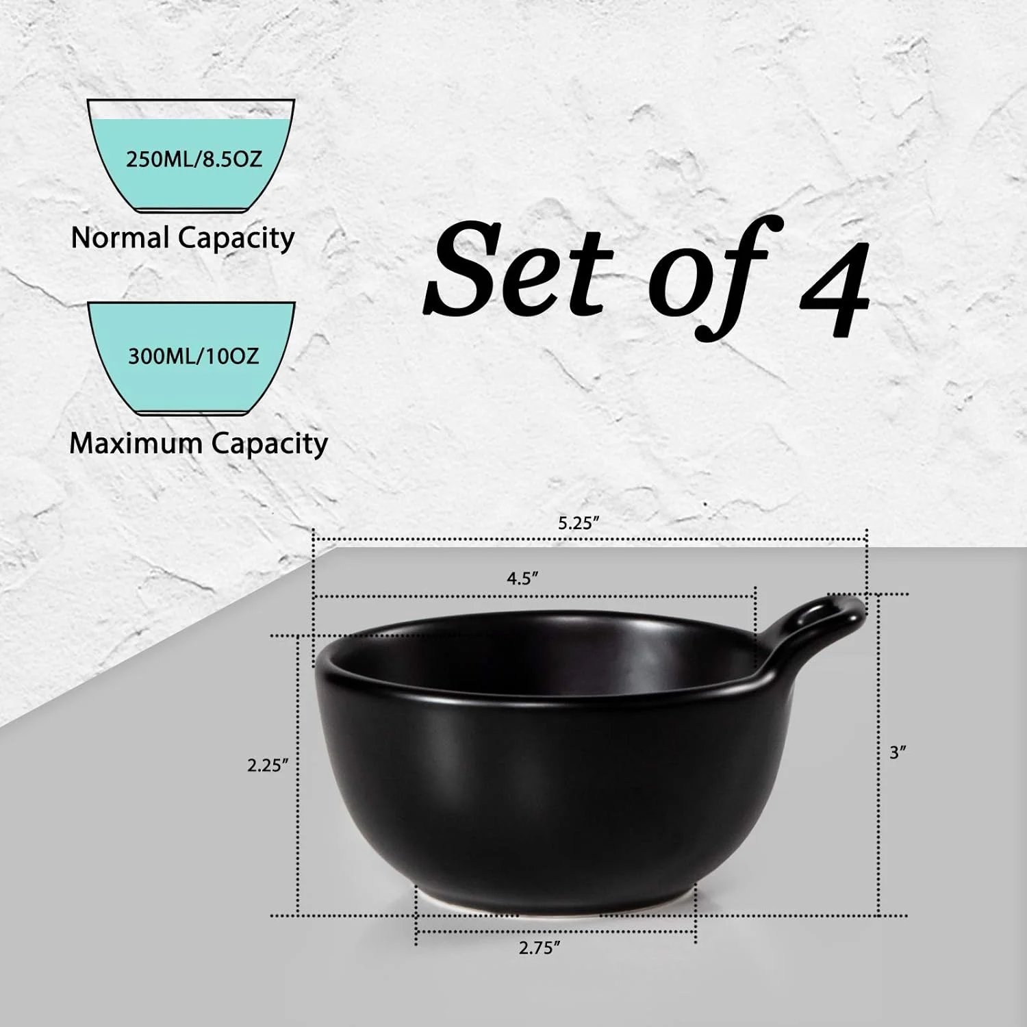 هاکسییرنس - کاسه دسر سرامیکی مات، کاسه غلات تک دسته گرد 250 میلی لیتری برای سوپ، بستنی، برنج، مخلفات و میوه، ست 4 عددی مشکی