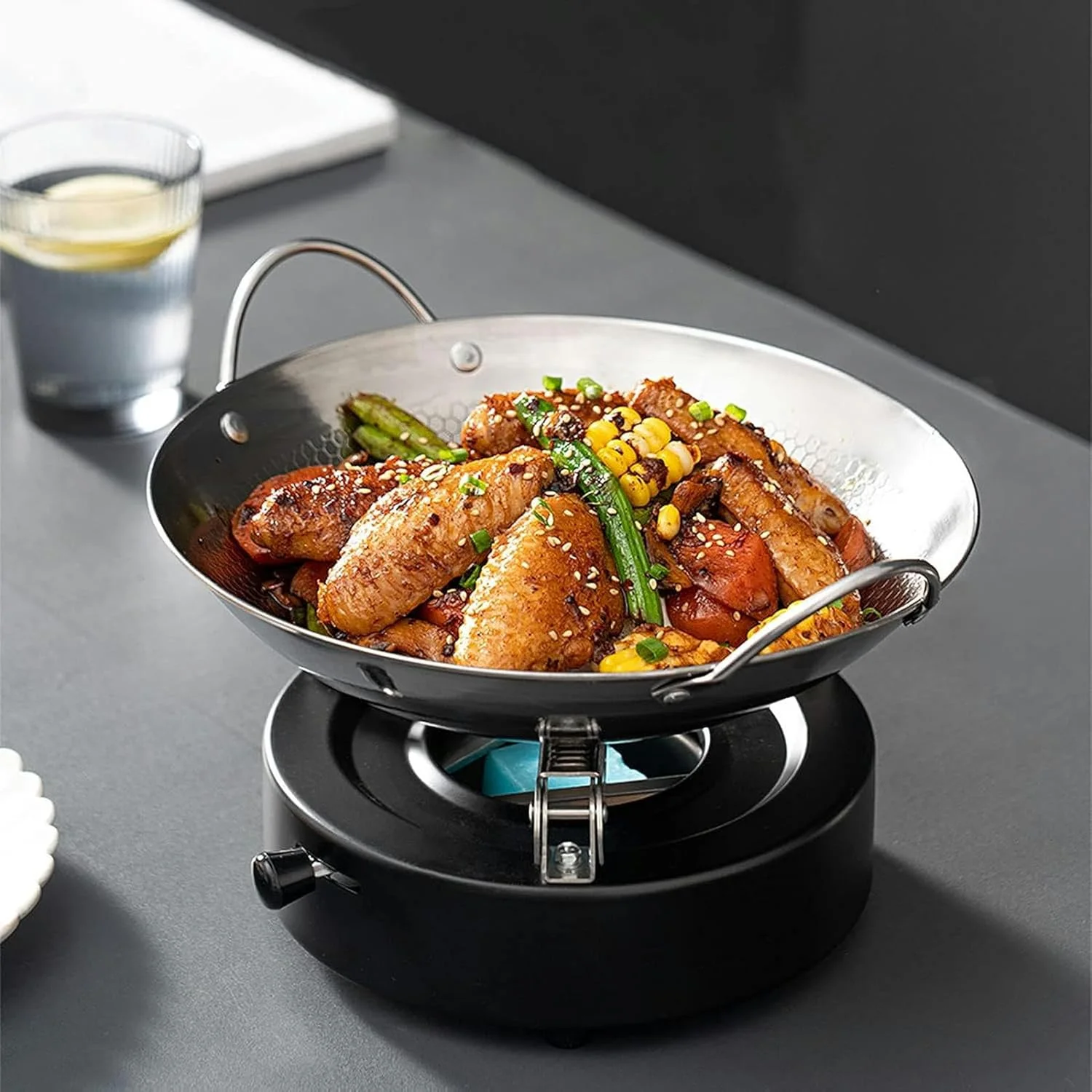 ظروف گرم نگهدارنده غذا و ظروف گرمکن استیل ضد زنگ خانگی، تابه گریل نچسب 9/10 اینچی با سینی های گرم کننده و جای سوخت، برای مهمانی شام، عروسی، آشپزی، مشکی - 9 اینچ