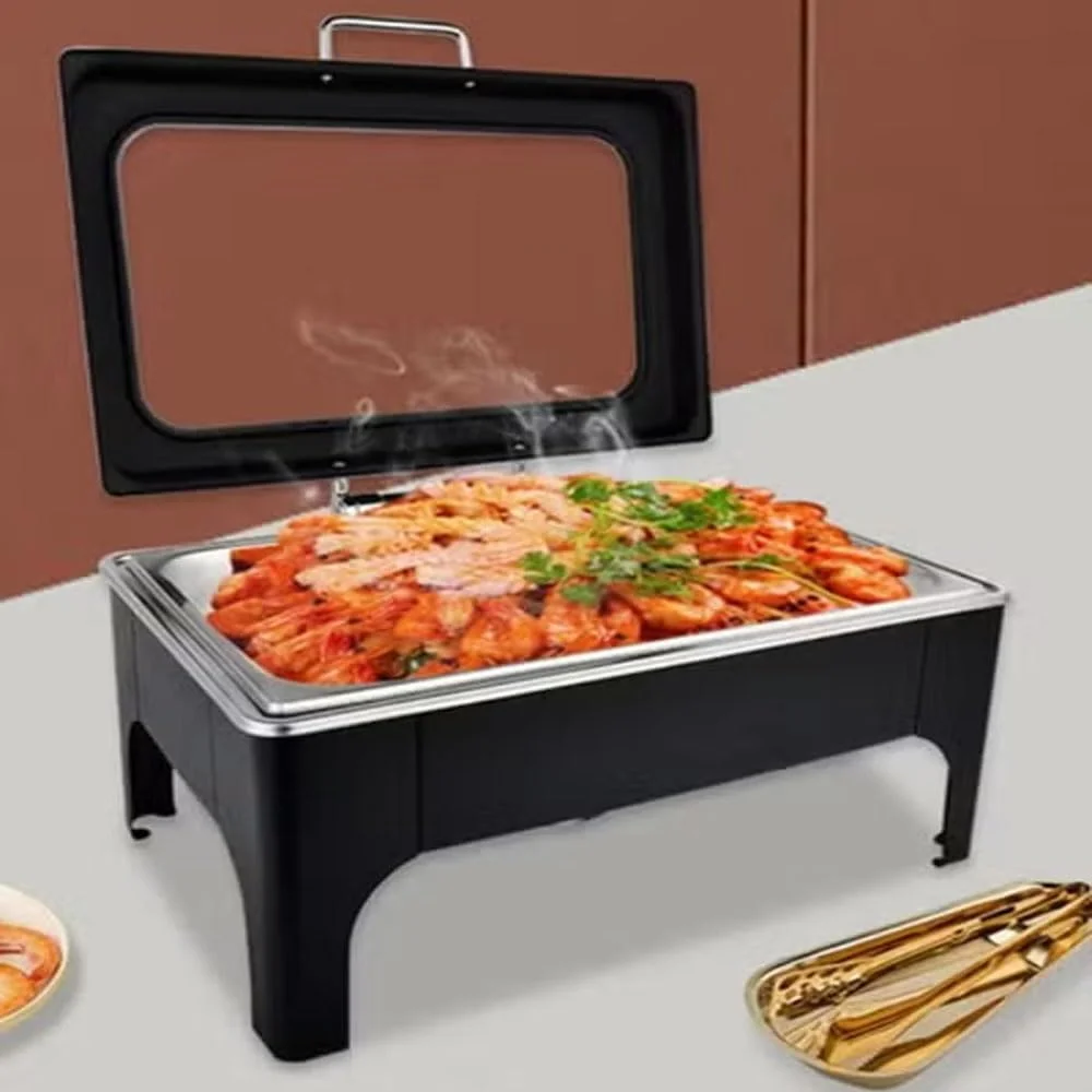 گرمکن غذا استیل ضد زنگ HTH با فریم تاشو، شامل ظرف گرمکن با درب، ظرف آب و ظرف غذا - مناسب بوفه، پذیرایی، عروسی، مراسم و مهمانی ها