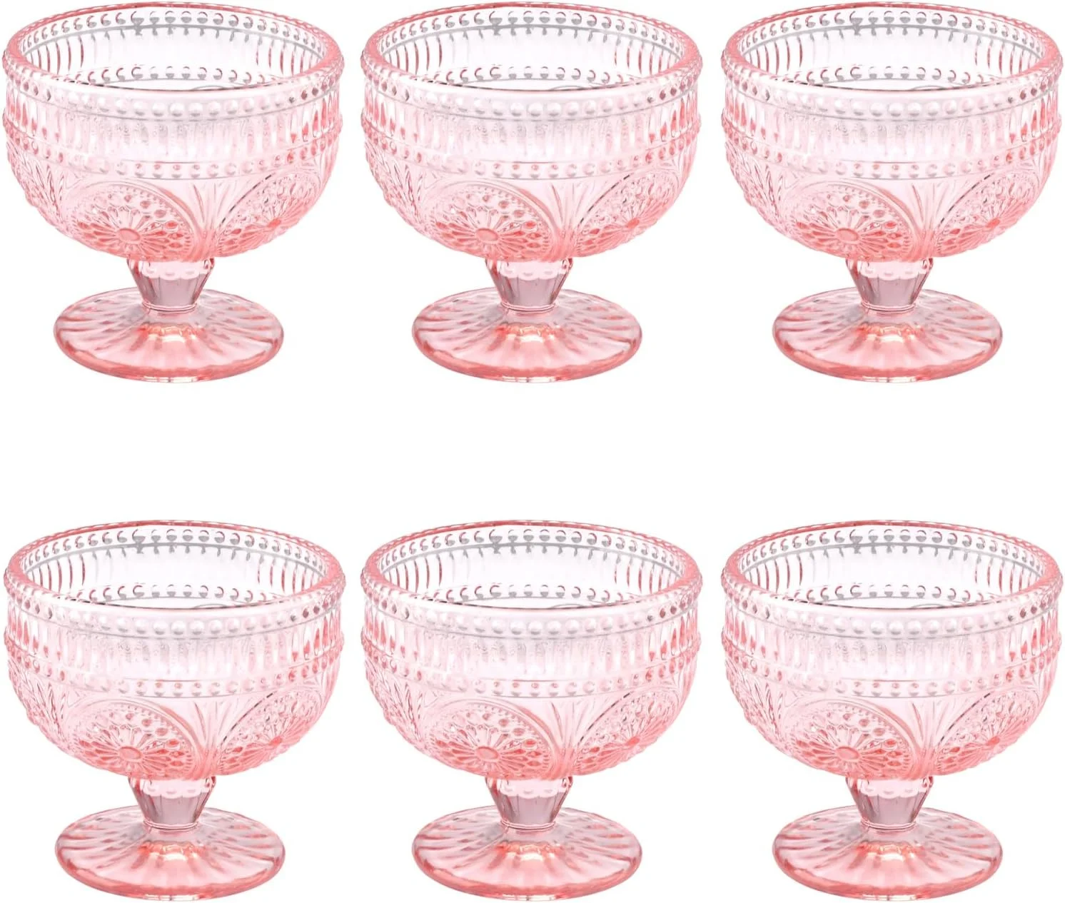 ست 6 تایی کاسه دسر شیشه ای GLASS SMILE، طرح قدیمی، 340 میلی لیتر، صورتی، طرح برجسته، مناسب بستنی، سالاد، کیک، میوه، ترایفل و کوکتل ست 6 تایی کاسه دسر شیشه ای GLASS SMILE، طرح قدیمی، 340 میلی لیتر، صورتی، طرح برجسته، مناسب بستنی، سالاد، کیک، میوه، ترایفل و کوکتل