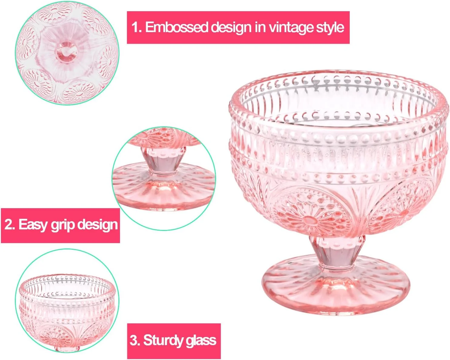 ست 6 تایی کاسه دسر شیشه ای GLASS SMILE، طرح قدیمی، 340 میلی لیتر، صورتی، طرح برجسته، مناسب بستنی، سالاد، کیک، میوه، ترایفل و کوکتل ست 6 تایی کاسه دسر شیشه ای GLASS SMILE، طرح قدیمی، 340 میلی لیتر، صورتی، طرح برجسته، مناسب بستنی، سالاد، کیک، میوه، ترایفل و کوکتل