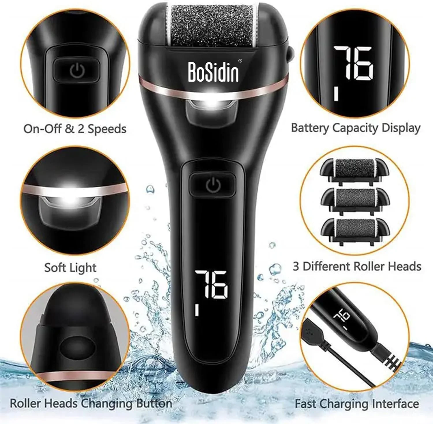 دستگاه الکتریکی از بین برنده پینه پا BoSidin، دستگاه لایه بردار پدیکور ضد آب قابل شارژ | کیت حرفه ای مراقبت از پا برای پاشنه های ترک خورده، پینه ها و پوست های مرده (مشکی) دستگاه الکتریکی از بین برنده پینه پا BoSidin، دستگاه لایه بردار پدیکور ضد آب قابل شارژ | کیت حرفه ای مراقبت از پا برای پاشنه های ترک خورده، پینه ها و پوست های مرده (مشکی)