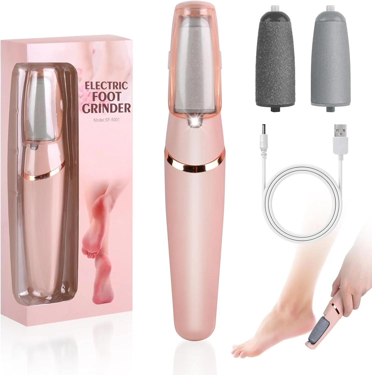 سوهان برقی پا برای از بین بردن پینه: سوهان برقی پا TAIHOBO با غلطک های تعویضی، 2 سرعت، دستگاه های مراقبت از پا ضد آب IPX7، برای پاشنه های ترک خورده و پوست های مرده