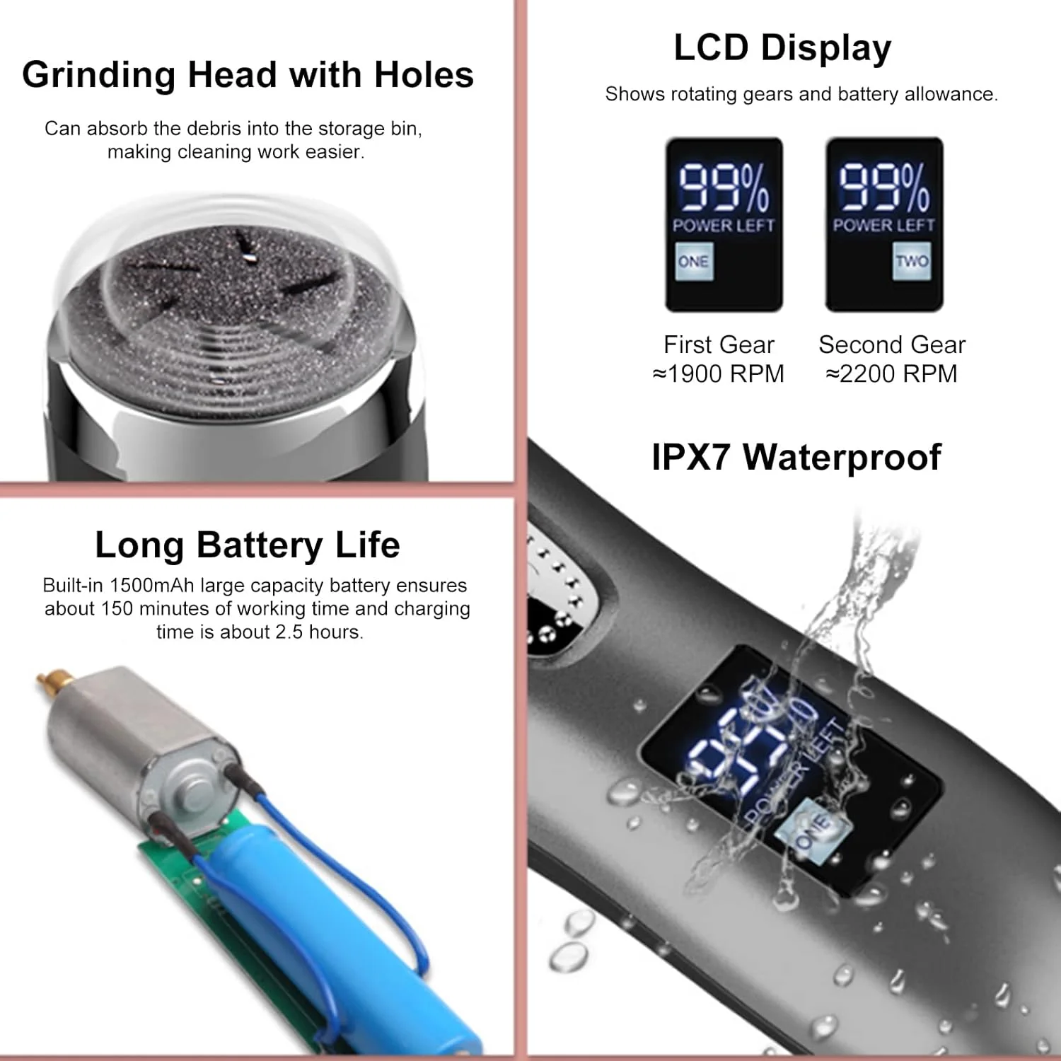 کیت سوهان برقی پا، ابزار پدیکور قابل حمل، 3 سری سنگ زنی، 2 سرعت، ضد آب IPX7، نمایشگر LCD باتری برای پاشنه های ترک خورده، پینه ها، پوست سخت خشک و مرده کیت سوهان برقی پا، ابزار پدیکور قابل حمل، 3 سری سنگ زنی، 2 سرعت، ضد آب IPX7، نمایشگر LCD باتری برای پاشنه های ترک خورده، پینه ها، پوست سخت خشک و مرده