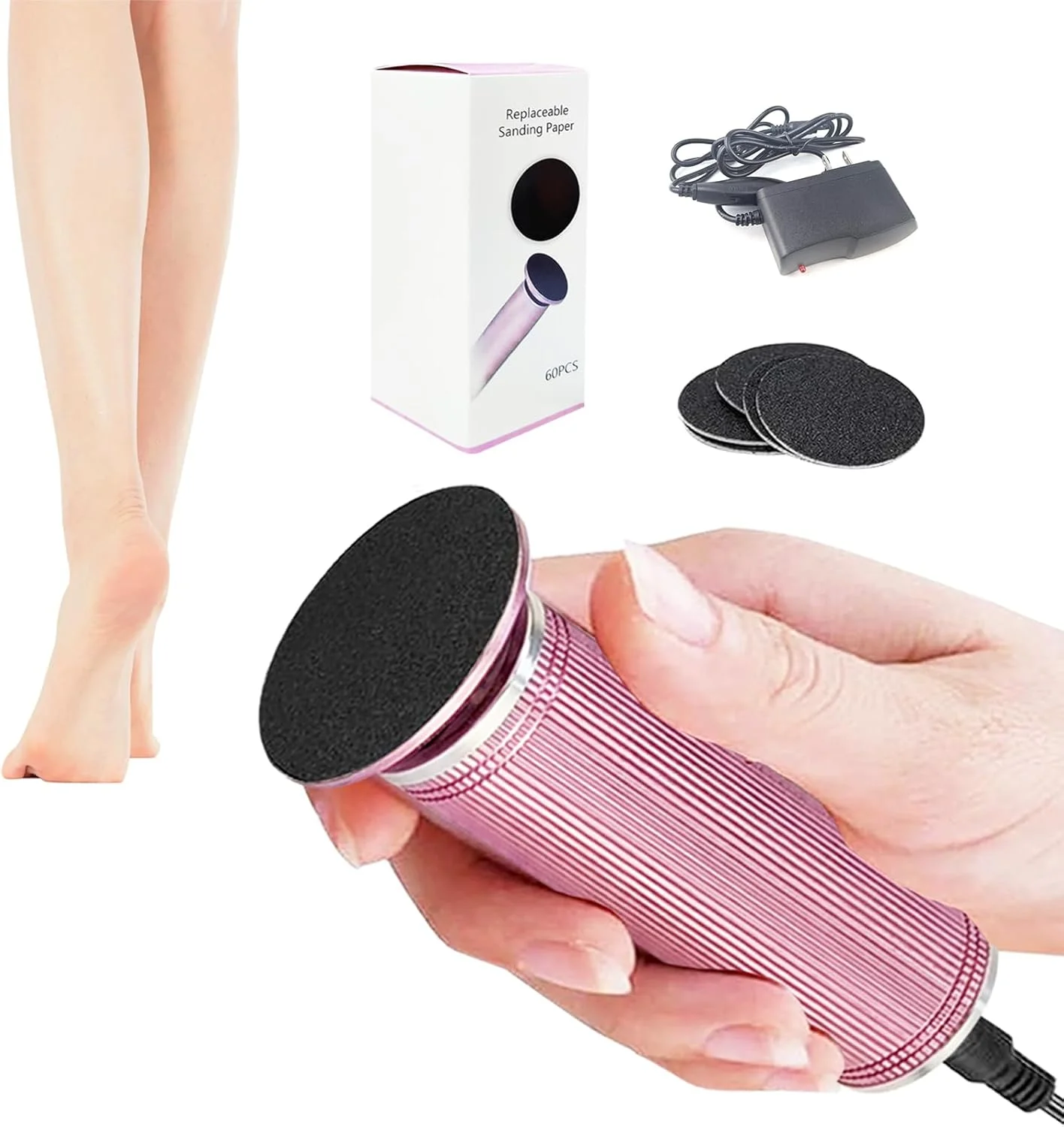 دستگاه برقی از بین برنده پینه پا با سرعت قابل تنظیم 1200 دور در دقیقه، دستگاه برقی آلومینیومی از بین برنده پینه پا، سوهان برقی پا با 120 عدد دیسک سمباده برای پوست مرده و پاشنه ترک خورده برای زنان - صورتی