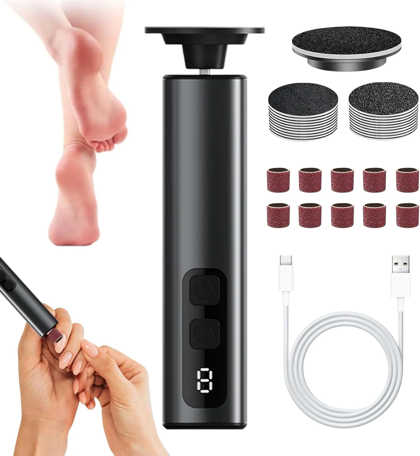 سوهان برقی پدیکور پا - سوهان برقی 2 در 1 - ابزار پدیکور پا، دیسک های سمباده و سرهای سنگ زنی، 9 سرعت برای پوست های مرده، ترک خورده و سفت