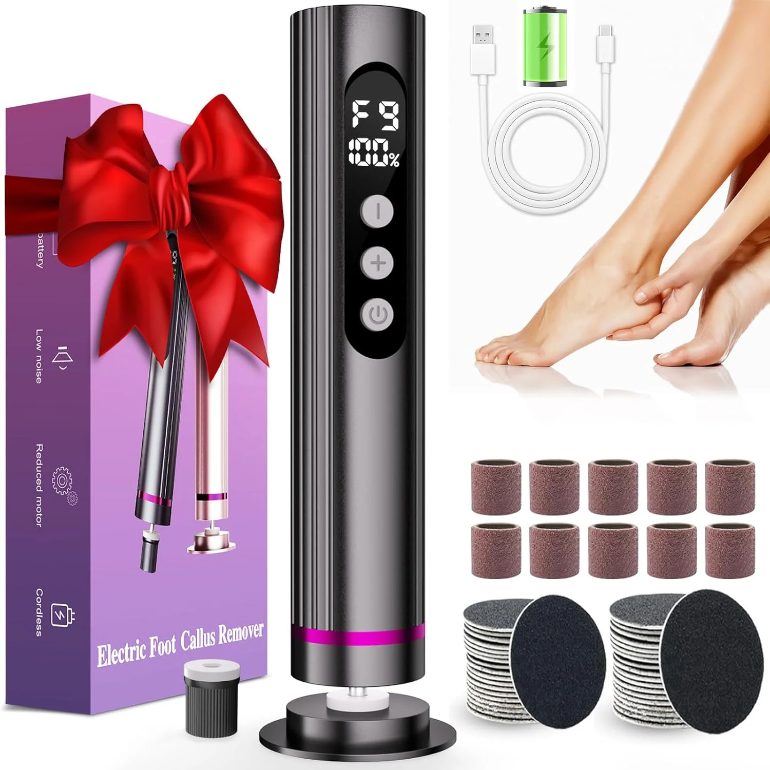 Electric Foot File, 2 in 1 Dermave Electric Foot Callus Remover, Adjustable Speed Foot Filer w/Sandpaper Discs & Grinding Heads, 9 Speeds Professional Pedicure Tool for Feet Dead Skin Calluses(Gray)