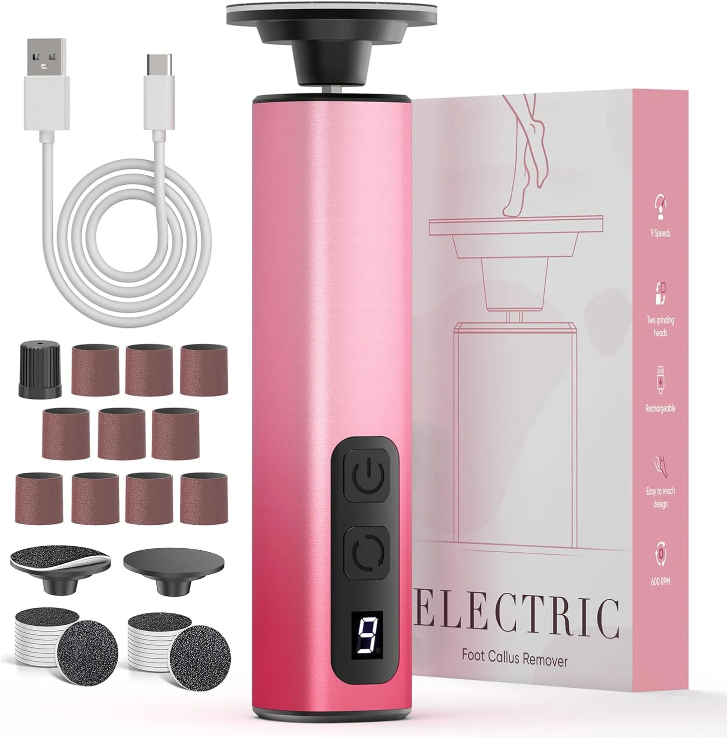 سوهان برقی پا 2 در 1، دارای 9 سرعت قابل تنظیم، ابزار پدیکور قابل شارژ USB برای پا، اسکرابر پوست خشک و مرده، سنگ پا برقی با غلتک دیسک سمباده 80/120 گریت برای خانم ها