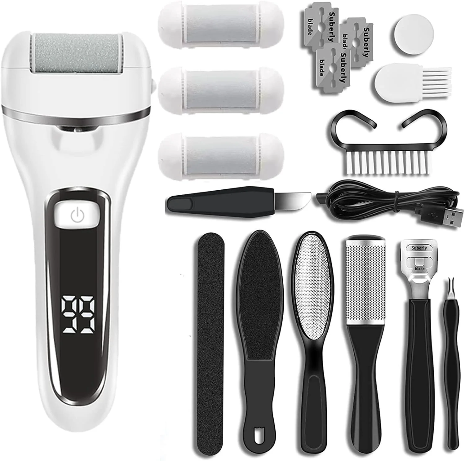 سوهان برقی پا با صفحه نمایش دیجیتال، مجموعه از بین برنده پینه، دو دنده با سرعت قابل تنظیم، IPX7 قابل شستشو، نور کمکی برجسته، 3 سر سنگ زنی، ابزار پدیکور خانگی، از بین بردن پوست مرده، کیت کامل